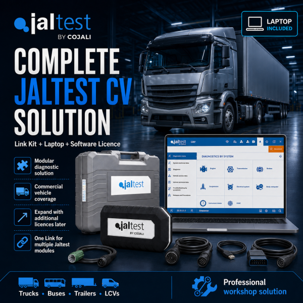 <h3>Jaltest Ashok Leyland Commercial Vehicle Diagnostic Package</h3> <ul> <li><strong>Complete package:</strong> Jaltest Link Kit + laptop + brand licence + 1-year renewal</li> <li><strong>Brand coverage:</strong> Jaltest Modular diagnostics for supported Ashok Leyland commercial vehicles</li> <li><strong>Diagnostics:</strong> Fault codes, live data, ECU identification and system scans</li> <li><strong>Advanced functions:</strong> Actuation tests, calibrations, adaptations and service functions where supported</li> <li><strong>Professional use:</strong> Designed for commercial vehicle workshops and fleet service</li> </ul> <strong>Important:</strong> Functions depend on vehicle model, year, ECU and Jaltest coverage. Jaltest INFO is optional and available at additional cost. <h3>Jaltest Ashok Leyland Commercial Vehicle Diagnostic Package</h3> <ul> <li><strong>Complete package:</strong> Jaltest Link Kit + laptop + brand licence + 1-year renewal</li> <li><strong>Brand coverage:</strong> Jaltest Modular diagnostics for supported Ashok Leyland commercial vehicles</li> <li><strong>Diagnostics:</strong> Fault codes, live data, ECU identification and system scans</li> <li><strong>Advanced functions:</strong> Actuation tests, calibrations, adaptations and service functions where supported</li> <li><strong>Professional use:</strong> Designed for commercial vehicle workshops and fleet service</li> </ul> <strong>Important:</strong> Functions depend on vehicle model, year, ECU and Jaltest coverage. Jaltest INFO is optional and available at additional cost.