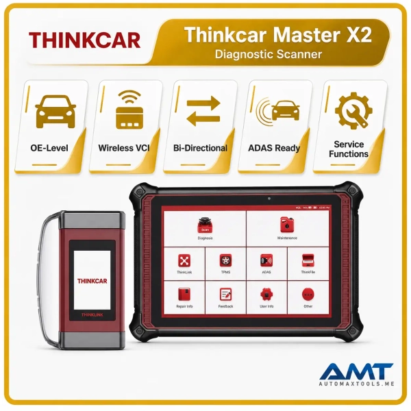 <p><strong>Thinkcar Master X2</strong> — All-in-one professional diagnostic tablet with built-in TPMS, advanced protocols and remote workshop support. Designed for professional automotive workshops in the UAE and GCC, this product combines practical workshop performance with the functions technicians need for fast, accurate service.</p><h3>Key Features</h3><ul><li>10.1-inch Android diagnostic tablet with 128GB storage</li><li>Built-in TPMS activation, programming and relearn functions</li><li>THINKLINK VCI with J2534, DoIP, D-PDU and CAN FD</li><li>41 maintenance and service reset functions</li><li>Video remote diagnostics and supported online ECU programming</li></ul><h3>Quick Specifications</h3><table style="width:100%;border-collapse:collapse;margin:14px 0;"><tr><th style="text-align:left;padding:8px;border:1px solid #ddd;background:#f7f7f7;">Display</th><td style="padding:8px;border:1px solid #ddd;">10.1″ touchscreen</td></tr><tr><th style="text-align:left;padding:8px;border:1px solid #ddd;background:#f7f7f7;">Storage</th><td style="padding:8px;border:1px solid #ddd;">128GB internal storage</td></tr><tr><th style="text-align:left;padding:8px;border:1px solid #ddd;background:#f7f7f7;">VCI</th><td style="padding:8px;border:1px solid #ddd;">THINKLINK professional vehicle interface</td></tr><tr><th style="text-align:left;padding:8px;border:1px solid #ddd;background:#f7f7f7;">Protocols</th><td style="padding:8px;border:1px solid #ddd;">J2534, DoIP, D-PDU, CAN FD and standard OBD protocols</td></tr><tr><th style="text-align:left;padding:8px;border:1px solid #ddd;background:#f7f7f7;">TPMS</th><td style="padding:8px;border:1px solid #ddd;">Built-in TPMS module for supported sensor activation/programming/relearn</td></tr></table><p style="color:#c00000;"><strong>Automax Tools regional package:</strong> This listing includes 3 years of passenger-vehicle software updates. Optional EV/heavy-duty packages and certain online functions may require separate activation or purchase.</p><p style="color:#c00000;"><strong>Warranty: 2 years. Software updates: 3 years included with this scanner.</strong></p> <p><strong>Thinkcar Master X2</strong> — All-in-one professional diagnostic tablet with built-in TPMS, advanced protocols and remote workshop support. Designed for professional automotive workshops in the UAE and GCC, this product combines practical workshop performance with the functions technicians need for fast, accurate service.</p><h3>Key Features</h3><ul><li>10.1-inch Android diagnostic tablet with 128GB storage</li><li>Built-in TPMS activation, programming and relearn functions</li><li>THINKLINK VCI with J2534, DoIP, D-PDU and CAN FD</li><li>41 maintenance and service reset functions</li><li>Video remote diagnostics and supported online ECU programming</li></ul><h3>Quick Specifications</h3><table style="width:100%;border-collapse:collapse;margin:14px 0;"><tr><th style="text-align:left;padding:8px;border:1px solid #ddd;background:#f7f7f7;">Display</th><td style="padding:8px;border:1px solid #ddd;">10.1″ touchscreen</td></tr><tr><th style="text-align:left;padding:8px;border:1px solid #ddd;background:#f7f7f7;">Storage</th><td style="padding:8px;border:1px solid #ddd;">128GB internal storage</td></tr><tr><th style="text-align:left;padding:8px;border:1px solid #ddd;background:#f7f7f7;">VCI</th><td style="padding:8px;border:1px solid #ddd;">THINKLINK professional vehicle interface</td></tr><tr><th style="text-align:left;padding:8px;border:1px solid #ddd;background:#f7f7f7;">Protocols</th><td style="padding:8px;border:1px solid #ddd;">J2534, DoIP, D-PDU, CAN FD and standard OBD protocols</td></tr><tr><th style="text-align:left;padding:8px;border:1px solid #ddd;background:#f7f7f7;">TPMS</th><td style="padding:8px;border:1px solid #ddd;">Built-in TPMS module for supported sensor activation/programming/relearn</td></tr></table><p style="color:#c00000;"><strong>Automax Tools regional package:</strong> This listing includes 3 years of passenger-vehicle software updates. Optional EV/heavy-duty packages and certain online functions may require separate activation or purchase.</p><p style="color:#c00000;"><strong>Warranty: 2 years. Software updates: 3 years included with this scanner.</strong></p>