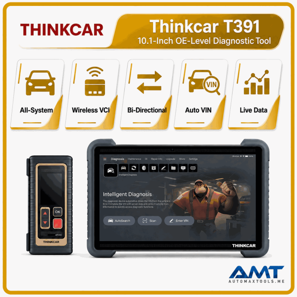 <strong>THINKCAR T391</strong> is a 10.1-inch professional TCOS diagnostic platform with intelligent VIN diagnosis, topology mapping, advanced service functions and a screen-equipped VCI. <h3>Key Features</h3> <ul> <li>10.1-inch 1280×800 diagnostic tablet</li> <li>TCOS with 4GB RAM and 128GB storage</li> <li>Intelligent VIN diagnosis and system topology map</li> <li>41 common maintenance and service functions</li> <li>Professional VCI with Ethernet and stable programming communication</li> </ul> <h3>Quick Specifications</h3> <table style="width: 100%; border-collapse: collapse; margin: 14px 0;"> <tbody> <tr> <th style="text-align: left; padding: 8px; border: 1px solid #ddd; background: #f7f7f7;">Display</th> <td style="padding: 8px; border: 1px solid #ddd;">10.1″, 1280×800</td> </tr> <tr> <th style="text-align: left; padding: 8px; border: 1px solid #ddd; background: #f7f7f7;">System</th> <td style="padding: 8px; border: 1px solid #ddd;">TCOS</td> </tr> <tr> <th style="text-align: left; padding: 8px; border: 1px solid #ddd; background: #f7f7f7;">Memory</th> <td style="padding: 8px; border: 1px solid #ddd;">4GB RAM / 128GB storage</td> </tr> <tr> <th style="text-align: left; padding: 8px; border: 1px solid #ddd; background: #f7f7f7;">Battery</th> <td style="padding: 8px; border: 1px solid #ddd;">12,600mAh / 3.8V</td> </tr> <tr> <th style="text-align: left; padding: 8px; border: 1px solid #ddd; background: #f7f7f7;">Camera</th> <td style="padding: 8px; border: 1px solid #ddd;">13MP rear camera</td> </tr> <tr> <th style="text-align: left; padding: 8px; border: 1px solid #ddd; background: #f7f7f7;">VCI</th> <td style="padding: 8px; border: 1px solid #ddd;">2.8″ screen VCI with Ethernet and USB-B data connection</td> </tr> </tbody> </table> <p style="color: #c00000;"><strong>Warranty: 2 years. Software updates: 3 years included with this scanner.</strong></p> <strong>THINKCAR T391</strong> is a 10.1-inch professional TCOS diagnostic platform with intelligent VIN diagnosis, topology mapping, advanced service functions and a screen-equipped VCI. <h3>Key Features</h3> <ul> <li>10.1-inch 1280×800 diagnostic tablet</li> <li>TCOS with 4GB RAM and 128GB storage</li> <li>Intelligent VIN diagnosis and system topology map</li> <li>41 common maintenance and service functions</li> <li>Professional VCI with Ethernet and stable programming communication</li> </ul> <h3>Quick Specifications</h3> <table style="width: 100%; border-collapse: collapse; margin: 14px 0;"> <tbody> <tr> <th style="text-align: left; padding: 8px; border: 1px solid #ddd; background: #f7f7f7;">Display</th> <td style="padding: 8px; border: 1px solid #ddd;">10.1″, 1280×800</td> </tr> <tr> <th style="text-align: left; padding: 8px; border: 1px solid #ddd; background: #f7f7f7;">System</th> <td style="padding: 8px; border: 1px solid #ddd;">TCOS</td> </tr> <tr> <th style="text-align: left; padding: 8px; border: 1px solid #ddd; background: #f7f7f7;">Memory</th> <td style="padding: 8px; border: 1px solid #ddd;">4GB RAM / 128GB storage</td> </tr> <tr> <th style="text-align: left; padding: 8px; border: 1px solid #ddd; background: #f7f7f7;">Battery</th> <td style="padding: 8px; border: 1px solid #ddd;">12,600mAh / 3.8V</td> </tr> <tr> <th style="text-align: left; padding: 8px; border: 1px solid #ddd; background: #f7f7f7;">Camera</th> <td style="padding: 8px; border: 1px solid #ddd;">13MP rear camera</td> </tr> <tr> <th style="text-align: left; padding: 8px; border: 1px solid #ddd; background: #f7f7f7;">VCI</th> <td style="padding: 8px; border: 1px solid #ddd;">2.8″ screen VCI with Ethernet and USB-B data connection</td> </tr> </tbody> </table> <p style="color: #c00000;"><strong>Warranty: 2 years. Software updates: 3 years included with this scanner.</strong></p>