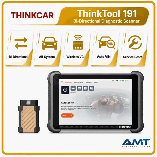 <p><strong>Thinktool 191</strong> is an 8-inch TCOS professional diagnostic scanner built for full-system diagnosis, active tests, advanced coding and modern CAN FD/DoIP vehicles.</p><h3>Key Features</h3><ul><li>8-inch TCOS professional diagnostic tablet</li><li>Full-system scan, live data and special functions</li><li>Bi-directional control and advanced coding on supported vehicles</li><li>35 maintenance and service functions</li><li>CAN FD and DoIP with ThinkDiag Mini 2 VCI</li></ul><h3>Quick Specifications</h3><table style="width:100%;border-collapse:collapse;margin:14px 0;"><tr><th style="text-align:left;padding:8px;border:1px solid #ddd;background:#f7f7f7;">Display</th><td style="padding:8px;border:1px solid #ddd;">8″ touchscreen</td></tr><tr><th style="text-align:left;padding:8px;border:1px solid #ddd;background:#f7f7f7;">Platform</th><td style="padding:8px;border:1px solid #ddd;">TCOS</td></tr><tr><th style="text-align:left;padding:8px;border:1px solid #ddd;background:#f7f7f7;">Processor</th><td style="padding:8px;border:1px solid #ddd;">MTK8365 Cortex-A53 Quad-Core 2.0GHz</td></tr><tr><th style="text-align:left;padding:8px;border:1px solid #ddd;background:#f7f7f7;">Memory</th><td style="padding:8px;border:1px solid #ddd;">4GB RAM / 64GB storage</td></tr><tr><th style="text-align:left;padding:8px;border:1px solid #ddd;background:#f7f7f7;">Battery</th><td style="padding:8px;border:1px solid #ddd;">4150mAh / 3.8V</td></tr><tr><th style="text-align:left;padding:8px;border:1px solid #ddd;background:#f7f7f7;">VCI / Protocols</th><td style="padding:8px;border:1px solid #ddd;">ThinkDiag Mini 2; CAN FD, DoIP and standard OBD protocols</td></tr></table><p style="color:#c00000;"><strong>Software package: 3 years of passenger-vehicle software updates are included.</strong></p><p style="color:#c00000;"><strong>Warranty: 2 years. Software updates: 3 years included with this scanner.</strong></p> <p><strong>Thinktool 191</strong> is an 8-inch TCOS professional diagnostic scanner built for full-system diagnosis, active tests, advanced coding and modern CAN FD/DoIP vehicles.</p><h3>Key Features</h3><ul><li>8-inch TCOS professional diagnostic tablet</li><li>Full-system scan, live data and special functions</li><li>Bi-directional control and advanced coding on supported vehicles</li><li>35 maintenance and service functions</li><li>CAN FD and DoIP with ThinkDiag Mini 2 VCI</li></ul><h3>Quick Specifications</h3><table style="width:100%;border-collapse:collapse;margin:14px 0;"><tr><th style="text-align:left;padding:8px;border:1px solid #ddd;background:#f7f7f7;">Display</th><td style="padding:8px;border:1px solid #ddd;">8″ touchscreen</td></tr><tr><th style="text-align:left;padding:8px;border:1px solid #ddd;background:#f7f7f7;">Platform</th><td style="padding:8px;border:1px solid #ddd;">TCOS</td></tr><tr><th style="text-align:left;padding:8px;border:1px solid #ddd;background:#f7f7f7;">Processor</th><td style="padding:8px;border:1px solid #ddd;">MTK8365 Cortex-A53 Quad-Core 2.0GHz</td></tr><tr><th style="text-align:left;padding:8px;border:1px solid #ddd;background:#f7f7f7;">Memory</th><td style="padding:8px;border:1px solid #ddd;">4GB RAM / 64GB storage</td></tr><tr><th style="text-align:left;padding:8px;border:1px solid #ddd;background:#f7f7f7;">Battery</th><td style="padding:8px;border:1px solid #ddd;">4150mAh / 3.8V</td></tr><tr><th style="text-align:left;padding:8px;border:1px solid #ddd;background:#f7f7f7;">VCI / Protocols</th><td style="padding:8px;border:1px solid #ddd;">ThinkDiag Mini 2; CAN FD, DoIP and standard OBD protocols</td></tr></table><p style="color:#c00000;"><strong>Software package: 3 years of passenger-vehicle software updates are included.</strong></p><p style="color:#c00000;"><strong>Warranty: 2 years. Software updates: 3 years included with this scanner.</strong></p>