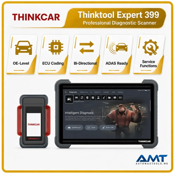 <p><strong>Thinkcar THINKTOOL Expert 399</strong> — Flagship 14-inch AI diagnostic workstation for passenger, EV and commercial vehicle service environments. Designed for professional automotive workshops in the UAE and GCC, this product combines practical workshop performance with the functions technicians need for fast, accurate service.</p><h3>Key Features</h3><ul><li>14-inch 2.5K-class IPS professional diagnostic display</li><li>8GB RAM and 256GB internal storage</li><li>AI-assisted OE-level diagnostics, coding and supported programming</li><li>Dual diagnostic / RTC workflow support with compatible interfaces</li><li>CAN FD, DoIP and J2534 support for modern vehicle networks</li></ul><h3>Quick Specifications</h3><table style="width:100%;border-collapse:collapse;margin:14px 0;"><tr><th style="text-align:left;padding:8px;border:1px solid #ddd;background:#f7f7f7;">Display</th><td style="padding:8px;border:1px solid #ddd;">14″ 2.5K-class IPS touchscreen</td></tr><tr><th style="text-align:left;padding:8px;border:1px solid #ddd;background:#f7f7f7;">Memory</th><td style="padding:8px;border:1px solid #ddd;">8GB RAM / 256GB storage</td></tr><tr><th style="text-align:left;padding:8px;border:1px solid #ddd;background:#f7f7f7;">Battery</th><td style="padding:8px;border:1px solid #ddd;">22,400mAh with fast-charging support</td></tr><tr><th style="text-align:left;padding:8px;border:1px solid #ddd;background:#f7f7f7;">Cameras</th><td style="padding:8px;border:1px solid #ddd;">20MP rear / 8MP front</td></tr><tr><th style="text-align:left;padding:8px;border:1px solid #ddd;background:#f7f7f7;">Protocols</th><td style="padding:8px;border:1px solid #ddd;">CAN FD, DoIP, J2534 and standard diagnostic protocols</td></tr></table><p style="color:#c00000;"><strong>Warranty: 2 years. Software updates: 3 years included with this scanner.</strong></p> <p><strong>Thinkcar THINKTOOL Expert 399</strong> — Flagship 14-inch AI diagnostic workstation for passenger, EV and commercial vehicle service environments. Designed for professional automotive workshops in the UAE and GCC, this product combines practical workshop performance with the functions technicians need for fast, accurate service.</p><h3>Key Features</h3><ul><li>14-inch 2.5K-class IPS professional diagnostic display</li><li>8GB RAM and 256GB internal storage</li><li>AI-assisted OE-level diagnostics, coding and supported programming</li><li>Dual diagnostic / RTC workflow support with compatible interfaces</li><li>CAN FD, DoIP and J2534 support for modern vehicle networks</li></ul><h3>Quick Specifications</h3><table style="width:100%;border-collapse:collapse;margin:14px 0;"><tr><th style="text-align:left;padding:8px;border:1px solid #ddd;background:#f7f7f7;">Display</th><td style="padding:8px;border:1px solid #ddd;">14″ 2.5K-class IPS touchscreen</td></tr><tr><th style="text-align:left;padding:8px;border:1px solid #ddd;background:#f7f7f7;">Memory</th><td style="padding:8px;border:1px solid #ddd;">8GB RAM / 256GB storage</td></tr><tr><th style="text-align:left;padding:8px;border:1px solid #ddd;background:#f7f7f7;">Battery</th><td style="padding:8px;border:1px solid #ddd;">22,400mAh with fast-charging support</td></tr><tr><th style="text-align:left;padding:8px;border:1px solid #ddd;background:#f7f7f7;">Cameras</th><td style="padding:8px;border:1px solid #ddd;">20MP rear / 8MP front</td></tr><tr><th style="text-align:left;padding:8px;border:1px solid #ddd;background:#f7f7f7;">Protocols</th><td style="padding:8px;border:1px solid #ddd;">CAN FD, DoIP, J2534 and standard diagnostic protocols</td></tr></table><p style="color:#c00000;"><strong>Warranty: 2 years. Software updates: 3 years included with this scanner.</strong></p>
