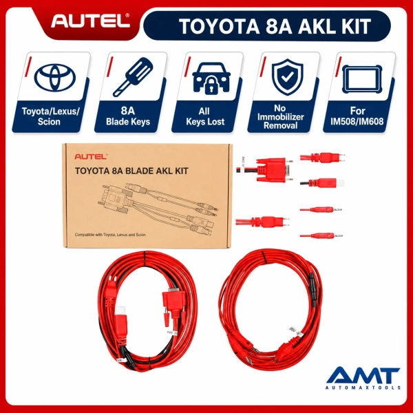 <div class="et_pb_module et_pb_wc_title et_pb_wc_title_0_tb_body product-header et_pb_bg_layout_light">
<h4>The Autel Toyota 8A Blade AKL Kit is a dedicated cable set for supported Toyota, Lexus and Scion 8A blade-key all-keys-lost procedures. Used with compatible Autel MaxiIM equipment, it allows technicians to complete supported 8A mechanical-key programming without disassembling or replacing the immobilizer box.</h4>
The kit is designed for professional use with an Autel IM508 or IM608-family key-programming system together with the required G-Box2 and APB112 configuration. Connection instructions are followed through the compatible Autel tablet for the supported vehicle procedure. Typical supported applications include selected Toyota/Lexus/Scion 8A blade-key vehicles such as Camry, RAV4, Prius, Highlander, Tacoma, Sienna and additional compatible models depending on year and immobilizer system.
</div>
<div class="et_pb_module et_pb_wc_description et_pb_wc_description_0_tb_body et_pb_bg_layout_light et_pb_text_align_left">
<div class="et_pb_module_inner">
<table>
<thead>
<tr><th>Specification</th><th>Toyota 8A Blade AKL Kit</th></tr>
</thead>
<tbody>
<tr><td>Product Type</td><td>Toyota 8A Blade All-Keys-Lost Cable Kit</td></tr>
<tr><td>Model</td><td>Toyota 8A Blade AKL Kit</td></tr>
<tr><td>Vehicle Brands</td><td>Toyota, Lexus & Scion</td></tr>
<tr><td>Key Type</td><td>Supported 8A Blade / Mechanical Key Applications</td></tr>
<tr><td>Primary Function</td><td>All Keys Lost Programming Support</td></tr>
<tr><td>Immobilizer Removal</td><td>Not Required on Supported Procedures</td></tr>
<tr><td>Compatible Tablets</td><td>Autel IM508 / IM608 Family – Applicable Configuration</td></tr>
<tr><td>Required Accessories</td><td>G-Box2 + APB112 on Supported Workflow</td></tr>
<tr><td>Connection Method</td><td>Dedicated AKL Cable Connections</td></tr>
<tr><td>Standalone Operation</td><td>No – Requires Compatible Autel MaxiIM System</td></tr>
<tr><td>Professional Use</td><td>Yes</td></tr>
<tr><td>Software Updates</td><td>2 Years Included – Compatible Host Package Where Applicable</td></tr>
<tr><td>Warranty</td><td>1 Year Limited Warranty</td></tr>
</tbody>
</table>
&nbsp; <strong>Autel Toyota 8A Blade AKL Kit Official Information</strong>
<a href="https://www.autel.uk/product/autel-toyota-8a-akl-blade-kit/" target="_blank" rel="noopener">
View Official / Reference Information for Autel Toyota 8A Blade AKL Kit
</a> <a href="https://automaxtools.me/wp-content/uploads/2020/11/Autel-Toyota-8A-Blade-AKL-Kit.jpg">
<img class="aligncenter" src="https://automaxtools.me/wp-content/uploads/2020/11/Autel-Toyota-8A-Blade-AKL-Kit.jpg" alt="Autel Toyota 8A Blade AKL Kit UAE Automax Tools" width="807" height="807" />
</a> </div>
</div>
<h3><span style="color: #d2322a;">
<strong>1 Year Warranty. 2 Year Free Software Updates.</strong>
</span></h3>
<h4 style="color: red;">IP Restriction (works only in India, Middle East and Africa).</h4> <div class="et_pb_module et_pb_wc_title et_pb_wc_title_0_tb_body product-header et_pb_bg_layout_light">
<h4>The Autel Toyota 8A Blade AKL Kit is a dedicated cable set for supported Toyota, Lexus and Scion 8A blade-key all-keys-lost procedures. Used with compatible Autel MaxiIM equipment, it allows technicians to complete supported 8A mechanical-key programming without disassembling or replacing the immobilizer box.</h4>
The kit is designed for professional use with an Autel IM508 or IM608-family key-programming system together with the required G-Box2 and APB112 configuration. Connection instructions are followed through the compatible Autel tablet for the supported vehicle procedure. Typical supported applications include selected Toyota/Lexus/Scion 8A blade-key vehicles such as Camry, RAV4, Prius, Highlander, Tacoma, Sienna and additional compatible models depending on year and immobilizer system.
</div>
<div class="et_pb_module et_pb_wc_description et_pb_wc_description_0_tb_body et_pb_bg_layout_light et_pb_text_align_left">
<div class="et_pb_module_inner">
<table>
<thead>
<tr><th>Specification</th><th>Toyota 8A Blade AKL Kit</th></tr>
</thead>
<tbody>
<tr><td>Product Type</td><td>Toyota 8A Blade All-Keys-Lost Cable Kit</td></tr>
<tr><td>Model</td><td>Toyota 8A Blade AKL Kit</td></tr>
<tr><td>Vehicle Brands</td><td>Toyota, Lexus & Scion</td></tr>
<tr><td>Key Type</td><td>Supported 8A Blade / Mechanical Key Applications</td></tr>
<tr><td>Primary Function</td><td>All Keys Lost Programming Support</td></tr>
<tr><td>Immobilizer Removal</td><td>Not Required on Supported Procedures</td></tr>
<tr><td>Compatible Tablets</td><td>Autel IM508 / IM608 Family – Applicable Configuration</td></tr>
<tr><td>Required Accessories</td><td>G-Box2 + APB112 on Supported Workflow</td></tr>
<tr><td>Connection Method</td><td>Dedicated AKL Cable Connections</td></tr>
<tr><td>Standalone Operation</td><td>No – Requires Compatible Autel MaxiIM System</td></tr>
<tr><td>Professional Use</td><td>Yes</td></tr>
<tr><td>Software Updates</td><td>2 Years Included – Compatible Host Package Where Applicable</td></tr>
<tr><td>Warranty</td><td>1 Year Limited Warranty</td></tr>
</tbody>
</table>
&nbsp; <strong>Autel Toyota 8A Blade AKL Kit Official Information</strong>
<a href="https://www.autel.uk/product/autel-toyota-8a-akl-blade-kit/" target="_blank" rel="noopener">
View Official / Reference Information for Autel Toyota 8A Blade AKL Kit
</a> <a href="https://automaxtools.me/wp-content/uploads/2020/11/Autel-Toyota-8A-Blade-AKL-Kit.jpg">
<img class="aligncenter" src="https://automaxtools.me/wp-content/uploads/2020/11/Autel-Toyota-8A-Blade-AKL-Kit.jpg" alt="Autel Toyota 8A Blade AKL Kit UAE Automax Tools" width="807" height="807" />
</a> </div>
</div>
<h3><span style="color: #d2322a;">
<strong>1 Year Warranty. 2 Year Free Software Updates.</strong>
</span></h3>
<h4 style="color: red;">IP Restriction (works only in India, Middle East and Africa).</h4>