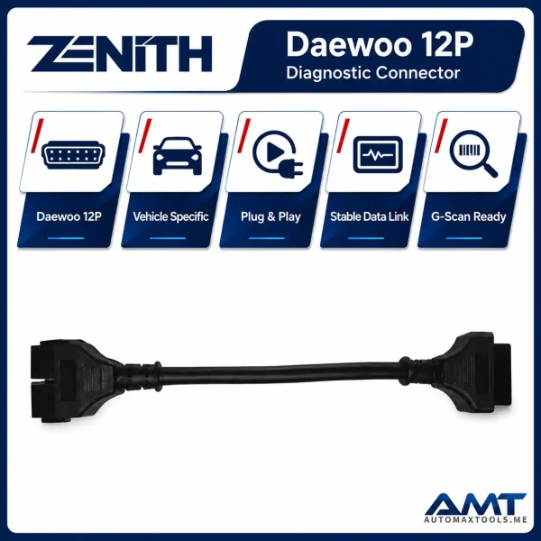 <p><strong>Zenith Daewoo 12P Diagnostic Connector EZOCB015</strong> is a vehicle-specific 12-pin diagnostic connector for supported Daewoo applications and compatible Zenith / G-scan diagnostic platforms.</p><h3>Key Features</h3><ul><li>Designed for supported older Daewoo vehicles using a 12-pin diagnostic port</li><li>Compatible with supported Zenith / G-scan diagnostic equipment</li><li>Plug-and-play manufacturer-specific adapter</li><li>Stable physical connection for supported diagnostic functions</li><li>Suitable as a replacement or spare workshop accessory</li></ul><h3>Quick Specifications</h3><table style="width:100%;border-collapse:collapse;margin:14px 0;"><tr><th style="text-align:left;padding:8px;border:1px solid #ddd;background:#f7f7f7;">Part Number</th><td style="padding:8px;border:1px solid #ddd;">EZOCB015</td></tr><tr><th style="text-align:left;padding:8px;border:1px solid #ddd;background:#f7f7f7;">Vehicle Brand</th><td style="padding:8px;border:1px solid #ddd;">Daewoo</td></tr><tr><th style="text-align:left;padding:8px;border:1px solid #ddd;background:#f7f7f7;">Connector Type</th><td style="padding:8px;border:1px solid #ddd;">12-pin diagnostic connector</td></tr><tr><th style="text-align:left;padding:8px;border:1px solid #ddd;background:#f7f7f7;">Product Type</th><td style="padding:8px;border:1px solid #ddd;">Diagnostic adapter / connector</td></tr><tr><th style="text-align:left;padding:8px;border:1px solid #ddd;background:#f7f7f7;">Scanner Family</th><td style="padding:8px;border:1px solid #ddd;">Compatible Zenith / G-scan platforms</td></tr></table><p style="color:#c00000;"><strong>The delivery time depends on item availability. If available, it will be delivered instantly; otherwise, it may take up to two weeks.</strong></p> <p><strong>Zenith Daewoo 12P Diagnostic Connector EZOCB015</strong> is a vehicle-specific 12-pin diagnostic connector for supported Daewoo applications and compatible Zenith / G-scan diagnostic platforms.</p><h3>Key Features</h3><ul><li>Designed for supported older Daewoo vehicles using a 12-pin diagnostic port</li><li>Compatible with supported Zenith / G-scan diagnostic equipment</li><li>Plug-and-play manufacturer-specific adapter</li><li>Stable physical connection for supported diagnostic functions</li><li>Suitable as a replacement or spare workshop accessory</li></ul><h3>Quick Specifications</h3><table style="width:100%;border-collapse:collapse;margin:14px 0;"><tr><th style="text-align:left;padding:8px;border:1px solid #ddd;background:#f7f7f7;">Part Number</th><td style="padding:8px;border:1px solid #ddd;">EZOCB015</td></tr><tr><th style="text-align:left;padding:8px;border:1px solid #ddd;background:#f7f7f7;">Vehicle Brand</th><td style="padding:8px;border:1px solid #ddd;">Daewoo</td></tr><tr><th style="text-align:left;padding:8px;border:1px solid #ddd;background:#f7f7f7;">Connector Type</th><td style="padding:8px;border:1px solid #ddd;">12-pin diagnostic connector</td></tr><tr><th style="text-align:left;padding:8px;border:1px solid #ddd;background:#f7f7f7;">Product Type</th><td style="padding:8px;border:1px solid #ddd;">Diagnostic adapter / connector</td></tr><tr><th style="text-align:left;padding:8px;border:1px solid #ddd;background:#f7f7f7;">Scanner Family</th><td style="padding:8px;border:1px solid #ddd;">Compatible Zenith / G-scan platforms</td></tr></table><p style="color:#c00000;"><strong>The delivery time depends on item availability. If available, it will be delivered instantly; otherwise, it may take up to two weeks.</strong></p>