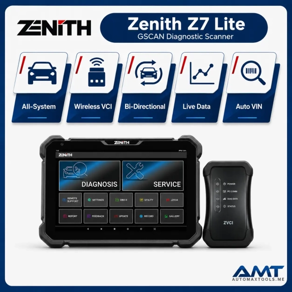 <p><strong>Zenith Z7 Lite</strong> — Professional wireless diagnostic tablet combining fast system scanning, topology and bi-directional functions. Designed for professional automotive workshops in the UAE and GCC, this product combines practical workshop performance with the functions technicians need for fast, accurate service.</p><h3>Key Features</h3><ul><li>10.1-inch FHD 1920×1200 capacitive touchscreen</li><li>Ultra-fast automatic system search and Auto VIN workflow</li><li>Topology scan for visual control-module mapping</li><li>Bi-directional diagnostics and workshop service functions</li><li>FCA Security Gateway support through AutoAuth where available</li></ul><h3>Quick Specifications</h3><table style="width:100%;border-collapse:collapse;margin:14px 0;"><tr><th style="text-align:left;padding:8px;border:1px solid #ddd;background:#f7f7f7;">Display</th><td style="padding:8px;border:1px solid #ddd;">10.1″ FHD, 1920×1200</td></tr><tr><th style="text-align:left;padding:8px;border:1px solid #ddd;background:#f7f7f7;">Platform</th><td style="padding:8px;border:1px solid #ddd;">Android 11, Octa-Core 2.2 GHz</td></tr><tr><th style="text-align:left;padding:8px;border:1px solid #ddd;background:#f7f7f7;">Memory</th><td style="padding:8px;border:1px solid #ddd;">4GB RAM / 64GB internal, microSD up to 256GB</td></tr><tr><th style="text-align:left;padding:8px;border:1px solid #ddd;background:#f7f7f7;">Connectivity</th><td style="padding:8px;border:1px solid #ddd;">Wi-Fi, Bluetooth 5.0, RJ45 Ethernet, NFC</td></tr><tr><th style="text-align:left;padding:8px;border:1px solid #ddd;background:#f7f7f7;">Vehicle Interface</th><td style="padding:8px;border:1px solid #ddd;">Wireless ZVCI; major CAN/ISO/J1850 diagnostic protocols</td></tr></table><p style="color:#c00000;"><strong>Automax Tools package:</strong> This listing includes 2 years of software updates for the supplied Zenith diagnostic package.</p> <p><strong>Zenith Z7 Lite</strong> — Professional wireless diagnostic tablet combining fast system scanning, topology and bi-directional functions. Designed for professional automotive workshops in the UAE and GCC, this product combines practical workshop performance with the functions technicians need for fast, accurate service.</p><h3>Key Features</h3><ul><li>10.1-inch FHD 1920×1200 capacitive touchscreen</li><li>Ultra-fast automatic system search and Auto VIN workflow</li><li>Topology scan for visual control-module mapping</li><li>Bi-directional diagnostics and workshop service functions</li><li>FCA Security Gateway support through AutoAuth where available</li></ul><h3>Quick Specifications</h3><table style="width:100%;border-collapse:collapse;margin:14px 0;"><tr><th style="text-align:left;padding:8px;border:1px solid #ddd;background:#f7f7f7;">Display</th><td style="padding:8px;border:1px solid #ddd;">10.1″ FHD, 1920×1200</td></tr><tr><th style="text-align:left;padding:8px;border:1px solid #ddd;background:#f7f7f7;">Platform</th><td style="padding:8px;border:1px solid #ddd;">Android 11, Octa-Core 2.2 GHz</td></tr><tr><th style="text-align:left;padding:8px;border:1px solid #ddd;background:#f7f7f7;">Memory</th><td style="padding:8px;border:1px solid #ddd;">4GB RAM / 64GB internal, microSD up to 256GB</td></tr><tr><th style="text-align:left;padding:8px;border:1px solid #ddd;background:#f7f7f7;">Connectivity</th><td style="padding:8px;border:1px solid #ddd;">Wi-Fi, Bluetooth 5.0, RJ45 Ethernet, NFC</td></tr><tr><th style="text-align:left;padding:8px;border:1px solid #ddd;background:#f7f7f7;">Vehicle Interface</th><td style="padding:8px;border:1px solid #ddd;">Wireless ZVCI; major CAN/ISO/J1850 diagnostic protocols</td></tr></table><p style="color:#c00000;"><strong>Automax Tools package:</strong> This listing includes 2 years of software updates for the supplied Zenith diagnostic package.</p>