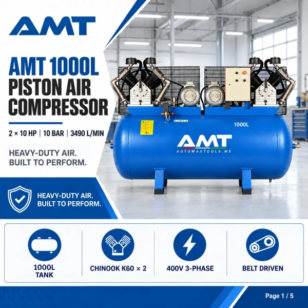The <strong>AMT N1000/K60/10 D</strong> is a heavy-duty 1000-litre tandem piston air compressor designed for professional workshops and industrial compressed-air applications. Its twin 10 HP motors and two Chinook K60 pumps deliver an air displacement of 3490 L/min at a maximum working pressure of 10 bar. The belt-driven, oil-lubricated configuration supports reliable continuous-duty performance. A 400 V three-phase electrical supply, 1200 rpm pump speed and large receiver tank make this compressor suitable for tyre service, spray painting, maintenance lines and general workshop air systems. <h3>Technical Specifications</h3> <table> <thead> <tr> <th>Specification</th> <th>Details</th> </tr> </thead> <tbody> <tr> <td><strong>Brand</strong></td> <td>AMT</td> </tr> <tr> <td><strong>Model</strong></td> <td>N1000/K60/10 D</td> </tr> <tr> <td><strong>Tank Capacity</strong></td> <td>1000 L</td> </tr> <tr> <td><strong>Pump Configuration</strong></td> <td>2 × Chinook K60</td> </tr> <tr> <td><strong>Motor Power</strong></td> <td>2 × 10 HP / 2 × 7.5 kW</td> </tr> <tr> <td><strong>Air Displacement</strong></td> <td>3490 L/min</td> </tr> <tr> <td><strong>Maximum Pressure</strong></td> <td>10 bar</td> </tr> <tr> <td><strong>Pump Speed</strong></td> <td>1200 rpm</td> </tr> <tr> <td><strong>Power Supply</strong></td> <td>400 V / 3 Phase / 50–60 Hz</td> </tr> <tr> <td><strong>Drive</strong></td> <td>Belt driven</td> </tr> <tr> <td><strong>Lubrication</strong></td> <td>Oil lubricated</td> </tr> </tbody> </table> The <strong>AMT N1000/K60/10 D</strong> is a heavy-duty 1000-litre tandem piston air compressor designed for professional workshops and industrial compressed-air applications. Its twin 10 HP motors and two Chinook K60 pumps deliver an air displacement of 3490 L/min at a maximum working pressure of 10 bar. The belt-driven, oil-lubricated configuration supports reliable continuous-duty performance. A 400 V three-phase electrical supply, 1200 rpm pump speed and large receiver tank make this compressor suitable for tyre service, spray painting, maintenance lines and general workshop air systems. <h3>Technical Specifications</h3> <table> <thead> <tr> <th>Specification</th> <th>Details</th> </tr> </thead> <tbody> <tr> <td><strong>Brand</strong></td> <td>AMT</td> </tr> <tr> <td><strong>Model</strong></td> <td>N1000/K60/10 D</td> </tr> <tr> <td><strong>Tank Capacity</strong></td> <td>1000 L</td> </tr> <tr> <td><strong>Pump Configuration</strong></td> <td>2 × Chinook K60</td> </tr> <tr> <td><strong>Motor Power</strong></td> <td>2 × 10 HP / 2 × 7.5 kW</td> </tr> <tr> <td><strong>Air Displacement</strong></td> <td>3490 L/min</td> </tr> <tr> <td><strong>Maximum Pressure</strong></td> <td>10 bar</td> </tr> <tr> <td><strong>Pump Speed</strong></td> <td>1200 rpm</td> </tr> <tr> <td><strong>Power Supply</strong></td> <td>400 V / 3 Phase / 50–60 Hz</td> </tr> <tr> <td><strong>Drive</strong></td> <td>Belt driven</td> </tr> <tr> <td><strong>Lubrication</strong></td> <td>Oil lubricated</td> </tr> </tbody> </table>