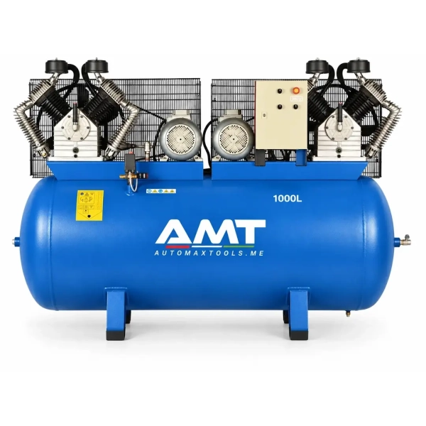 The <strong>AMT N1000/K60/10 D</strong> is a heavy-duty 1000-litre tandem piston air compressor designed for professional workshops and industrial compressed-air applications. Its twin 10 HP motors and two Chinook K60 pumps deliver an air displacement of 3490 L/min at a maximum working pressure of 10 bar. The belt-driven, oil-lubricated configuration supports reliable continuous-duty performance. A 400 V three-phase electrical supply, 1200 rpm pump speed and large receiver tank make this compressor suitable for tyre service, spray painting, maintenance lines and general workshop air systems. <h3>Technical Specifications</h3> <table> <thead> <tr> <th>Specification</th> <th>Details</th> </tr> </thead> <tbody> <tr> <td><strong>Brand</strong></td> <td>AMT</td> </tr> <tr> <td><strong>Model</strong></td> <td>N1000/K60/10 D</td> </tr> <tr> <td><strong>Tank Capacity</strong></td> <td>1000 L</td> </tr> <tr> <td><strong>Pump Configuration</strong></td> <td>2 × Chinook K60</td> </tr> <tr> <td><strong>Motor Power</strong></td> <td>2 × 10 HP / 2 × 7.5 kW</td> </tr> <tr> <td><strong>Air Displacement</strong></td> <td>3490 L/min</td> </tr> <tr> <td><strong>Maximum Pressure</strong></td> <td>10 bar</td> </tr> <tr> <td><strong>Pump Speed</strong></td> <td>1200 rpm</td> </tr> <tr> <td><strong>Power Supply</strong></td> <td>400 V / 3 Phase / 50–60 Hz</td> </tr> <tr> <td><strong>Drive</strong></td> <td>Belt driven</td> </tr> <tr> <td><strong>Lubrication</strong></td> <td>Oil lubricated</td> </tr> </tbody> </table> The <strong>AMT N1000/K60/10 D</strong> is a heavy-duty 1000-litre tandem piston air compressor designed for professional workshops and industrial compressed-air applications. Its twin 10 HP motors and two Chinook K60 pumps deliver an air displacement of 3490 L/min at a maximum working pressure of 10 bar. The belt-driven, oil-lubricated configuration supports reliable continuous-duty performance. A 400 V three-phase electrical supply, 1200 rpm pump speed and large receiver tank make this compressor suitable for tyre service, spray painting, maintenance lines and general workshop air systems. <h3>Technical Specifications</h3> <table> <thead> <tr> <th>Specification</th> <th>Details</th> </tr> </thead> <tbody> <tr> <td><strong>Brand</strong></td> <td>AMT</td> </tr> <tr> <td><strong>Model</strong></td> <td>N1000/K60/10 D</td> </tr> <tr> <td><strong>Tank Capacity</strong></td> <td>1000 L</td> </tr> <tr> <td><strong>Pump Configuration</strong></td> <td>2 × Chinook K60</td> </tr> <tr> <td><strong>Motor Power</strong></td> <td>2 × 10 HP / 2 × 7.5 kW</td> </tr> <tr> <td><strong>Air Displacement</strong></td> <td>3490 L/min</td> </tr> <tr> <td><strong>Maximum Pressure</strong></td> <td>10 bar</td> </tr> <tr> <td><strong>Pump Speed</strong></td> <td>1200 rpm</td> </tr> <tr> <td><strong>Power Supply</strong></td> <td>400 V / 3 Phase / 50–60 Hz</td> </tr> <tr> <td><strong>Drive</strong></td> <td>Belt driven</td> </tr> <tr> <td><strong>Lubrication</strong></td> <td>Oil lubricated</td> </tr> </tbody> </table>
