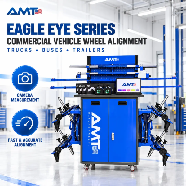 <h3>AMT Eagle Eye Commercial Vehicle Wheel Alignment System</h3> The AMT Eagle Eye Series Standard is a commercial vehicle wheel-alignment system designed for truck, light-truck, bus and trailer service. Its camera and image-recognition platform combines mobile work cameras, commercial vehicle clamps, durable measurement targets and an alignment software workstation. <strong>Product highlights:</strong> camera-based image-recognition measurement; coverage for trucks, light trucks, buses and trailers; mobile work cameras; water- and oil-resistant targets; commercial vehicle clamps; and measurement of toe, camber, caster, KPI, thrust angle and axle deflection. <h3>Technical Specifications</h3> <table> <thead> <tr> <th>Specification</th> <th>Details</th> </tr> </thead> <tbody> <tr> <td><strong>Brand</strong></td> <td>AMT</td> </tr> <tr> <td><strong>Model</strong></td> <td>Eagle Eye Series Standard</td> </tr> <tr> <td><strong>Product Type</strong></td> <td>Commercial Vehicle Wheel Alignment System</td> </tr> <tr> <td><strong>Measurement Method</strong></td> <td>Camera and image recognition</td> </tr> <tr> <td><strong>Supported Vehicle Types</strong></td> <td>Trucks, light trucks, buses and trailers</td> </tr> <tr> <td><strong>Camera Setup</strong></td> <td>Mobile work cameras</td> </tr> <tr> <td><strong>Targets</strong></td> <td>Water- and oil-resistant measurement targets</td> </tr> <tr> <td><strong>Core Measurements</strong></td> <td>Toe, camber, caster and KPI</td> </tr> <tr> <td><strong>Advanced Measurements</strong></td> <td>Thrust angle and axle deflection</td> </tr> </tbody> </table> <h3>AMT Eagle Eye Commercial Vehicle Wheel Alignment System</h3> The AMT Eagle Eye Series Standard is a commercial vehicle wheel-alignment system designed for truck, light-truck, bus and trailer service. Its camera and image-recognition platform combines mobile work cameras, commercial vehicle clamps, durable measurement targets and an alignment software workstation. <strong>Product highlights:</strong> camera-based image-recognition measurement; coverage for trucks, light trucks, buses and trailers; mobile work cameras; water- and oil-resistant targets; commercial vehicle clamps; and measurement of toe, camber, caster, KPI, thrust angle and axle deflection. <h3>Technical Specifications</h3> <table> <thead> <tr> <th>Specification</th> <th>Details</th> </tr> </thead> <tbody> <tr> <td><strong>Brand</strong></td> <td>AMT</td> </tr> <tr> <td><strong>Model</strong></td> <td>Eagle Eye Series Standard</td> </tr> <tr> <td><strong>Product Type</strong></td> <td>Commercial Vehicle Wheel Alignment System</td> </tr> <tr> <td><strong>Measurement Method</strong></td> <td>Camera and image recognition</td> </tr> <tr> <td><strong>Supported Vehicle Types</strong></td> <td>Trucks, light trucks, buses and trailers</td> </tr> <tr> <td><strong>Camera Setup</strong></td> <td>Mobile work cameras</td> </tr> <tr> <td><strong>Targets</strong></td> <td>Water- and oil-resistant measurement targets</td> </tr> <tr> <td><strong>Core Measurements</strong></td> <td>Toe, camber, caster and KPI</td> </tr> <tr> <td><strong>Advanced Measurements</strong></td> <td>Thrust angle and axle deflection</td> </tr> </tbody> </table>