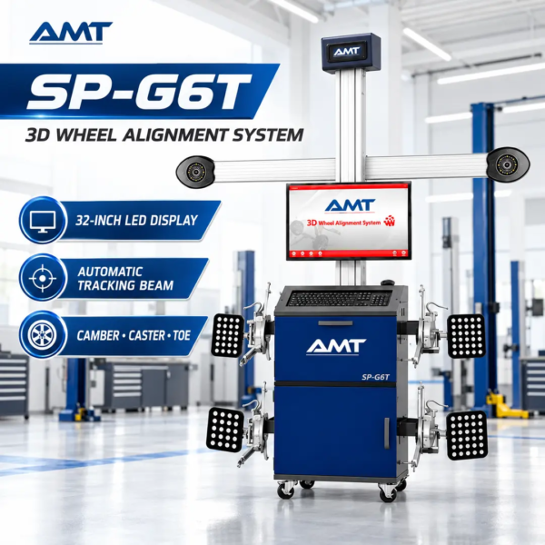 <h3>AMT SP-G6T 3D Wheel Alignment System with 32-Inch Display</h3> The AMT SP-G6T is a professional 3D wheel-alignment system built around a stereo camera beam, automatic height tracking and a 32-inch LED display. Its movable compact cabinet and complete target-and-clamp arrangement support an organized workflow for alignment inspection and adjustment. <strong>Product highlights:</strong> 32-inch LED display; automatic tracking-beam height adjustment; stereo camera beam; movable compact cabinet; four-point clamps and targets; light-guided operation; and measurement of camber, caster, toe, KPI, setback and thrust angle. <h3>Technical Specifications</h3> <table> <thead> <tr> <th>Specification</th> <th>Details</th> </tr> </thead> <tbody> <tr> <td><strong>Brand</strong></td> <td>AMT</td> </tr> <tr> <td><strong>Model</strong></td> <td>SP-G6T</td> </tr> <tr> <td><strong>Product Type</strong></td> <td>3D Wheel Alignment System</td> </tr> <tr> <td><strong>Display</strong></td> <td>32-inch LED</td> </tr> <tr> <td><strong>Cabinet</strong></td> <td>Movable compact type</td> </tr> <tr> <td><strong>Tracking Beam</strong></td> <td>Automatic height adjustment</td> </tr> <tr> <td><strong>Core Measurements</strong></td> <td>Camber, caster, toe and KPI</td> </tr> <tr> <td><strong>Additional Measurements</strong></td> <td>Setback and thrust angle</td> </tr> <tr> <td><strong>Overall Width</strong></td> <td>2,860 mm</td> </tr> <tr> <td><strong>Overall Height</strong></td> <td>2,705 mm</td> </tr> </tbody> </table> <h3>AMT SP-G6T 3D Wheel Alignment System with 32-Inch Display</h3> The AMT SP-G6T is a professional 3D wheel-alignment system built around a stereo camera beam, automatic height tracking and a 32-inch LED display. Its movable compact cabinet and complete target-and-clamp arrangement support an organized workflow for alignment inspection and adjustment. <strong>Product highlights:</strong> 32-inch LED display; automatic tracking-beam height adjustment; stereo camera beam; movable compact cabinet; four-point clamps and targets; light-guided operation; and measurement of camber, caster, toe, KPI, setback and thrust angle. <h3>Technical Specifications</h3> <table> <thead> <tr> <th>Specification</th> <th>Details</th> </tr> </thead> <tbody> <tr> <td><strong>Brand</strong></td> <td>AMT</td> </tr> <tr> <td><strong>Model</strong></td> <td>SP-G6T</td> </tr> <tr> <td><strong>Product Type</strong></td> <td>3D Wheel Alignment System</td> </tr> <tr> <td><strong>Display</strong></td> <td>32-inch LED</td> </tr> <tr> <td><strong>Cabinet</strong></td> <td>Movable compact type</td> </tr> <tr> <td><strong>Tracking Beam</strong></td> <td>Automatic height adjustment</td> </tr> <tr> <td><strong>Core Measurements</strong></td> <td>Camber, caster, toe and KPI</td> </tr> <tr> <td><strong>Additional Measurements</strong></td> <td>Setback and thrust angle</td> </tr> <tr> <td><strong>Overall Width</strong></td> <td>2,860 mm</td> </tr> <tr> <td><strong>Overall Height</strong></td> <td>2,705 mm</td> </tr> </tbody> </table>