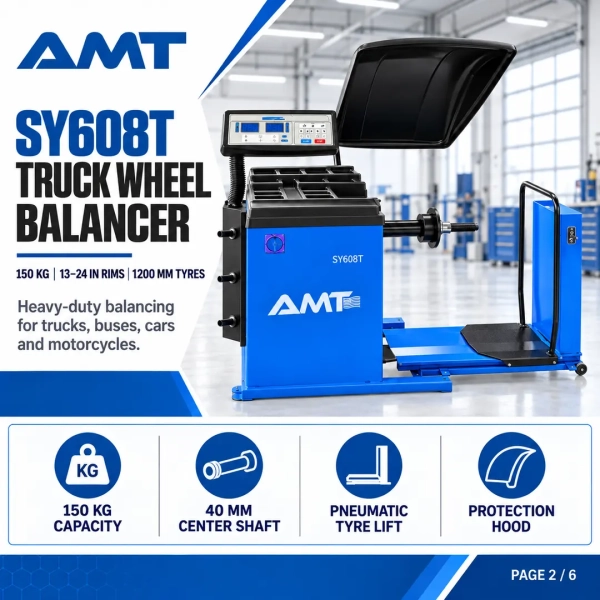 The <strong>AMT SY608T Truck Wheel Balancer</strong> is a heavy-duty balancing machine designed for truck, bus, passenger-car and motorcycle wheels. It supports wheels weighing up to 150 kg and tyres up to 1200 mm in diameter, while the integrated pneumatic tyre lift reduces manual handling during loading and positioning. <strong>Product highlights:</strong> 13–24 inch rim range; 5.5–20 inch tyre-width range; 40 mm high-precision centre shaft; eight-second testing cycle; 6–8 bar operating pressure; digital microprocessor control; wheel protection hood; and a pneumatic tyre lift. <h3>Technical Specifications</h3> <table> <thead> <tr> <th>Specification</th> <th>Details</th> </tr> </thead> <tbody> <tr> <td><strong>Model</strong></td> <td>SY608T</td> </tr> <tr> <td><strong>Rim Diameter</strong></td> <td>13–24 in</td> </tr> <tr> <td><strong>Tyre Width</strong></td> <td>5.5–20 in</td> </tr> <tr> <td><strong>Maximum Wheel Weight</strong></td> <td>150 kg</td> </tr> <tr> <td><strong>Maximum Tyre Diameter</strong></td> <td>1200 mm</td> </tr> <tr> <td><strong>Testing Time</strong></td> <td>8 seconds</td> </tr> <tr> <td><strong>Power Supply</strong></td> <td>220 V</td> </tr> </tbody> </table> The <strong>AMT SY608T Truck Wheel Balancer</strong> is a heavy-duty balancing machine designed for truck, bus, passenger-car and motorcycle wheels. It supports wheels weighing up to 150 kg and tyres up to 1200 mm in diameter, while the integrated pneumatic tyre lift reduces manual handling during loading and positioning. <strong>Product highlights:</strong> 13–24 inch rim range; 5.5–20 inch tyre-width range; 40 mm high-precision centre shaft; eight-second testing cycle; 6–8 bar operating pressure; digital microprocessor control; wheel protection hood; and a pneumatic tyre lift. <h3>Technical Specifications</h3> <table> <thead> <tr> <th>Specification</th> <th>Details</th> </tr> </thead> <tbody> <tr> <td><strong>Model</strong></td> <td>SY608T</td> </tr> <tr> <td><strong>Rim Diameter</strong></td> <td>13–24 in</td> </tr> <tr> <td><strong>Tyre Width</strong></td> <td>5.5–20 in</td> </tr> <tr> <td><strong>Maximum Wheel Weight</strong></td> <td>150 kg</td> </tr> <tr> <td><strong>Maximum Tyre Diameter</strong></td> <td>1200 mm</td> </tr> <tr> <td><strong>Testing Time</strong></td> <td>8 seconds</td> </tr> <tr> <td><strong>Power Supply</strong></td> <td>220 V</td> </tr> </tbody> </table>