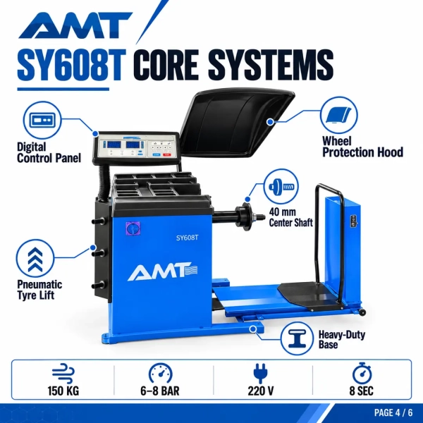 The <strong>AMT SY608T Truck Wheel Balancer</strong> is a heavy-duty balancing machine designed for truck, bus, passenger-car and motorcycle wheels. It supports wheels weighing up to 150 kg and tyres up to 1200 mm in diameter, while the integrated pneumatic tyre lift reduces manual handling during loading and positioning. <strong>Product highlights:</strong> 13–24 inch rim range; 5.5–20 inch tyre-width range; 40 mm high-precision centre shaft; eight-second testing cycle; 6–8 bar operating pressure; digital microprocessor control; wheel protection hood; and a pneumatic tyre lift. <h3>Technical Specifications</h3> <table> <thead> <tr> <th>Specification</th> <th>Details</th> </tr> </thead> <tbody> <tr> <td><strong>Model</strong></td> <td>SY608T</td> </tr> <tr> <td><strong>Rim Diameter</strong></td> <td>13–24 in</td> </tr> <tr> <td><strong>Tyre Width</strong></td> <td>5.5–20 in</td> </tr> <tr> <td><strong>Maximum Wheel Weight</strong></td> <td>150 kg</td> </tr> <tr> <td><strong>Maximum Tyre Diameter</strong></td> <td>1200 mm</td> </tr> <tr> <td><strong>Testing Time</strong></td> <td>8 seconds</td> </tr> <tr> <td><strong>Power Supply</strong></td> <td>220 V</td> </tr> </tbody> </table> The <strong>AMT SY608T Truck Wheel Balancer</strong> is a heavy-duty balancing machine designed for truck, bus, passenger-car and motorcycle wheels. It supports wheels weighing up to 150 kg and tyres up to 1200 mm in diameter, while the integrated pneumatic tyre lift reduces manual handling during loading and positioning. <strong>Product highlights:</strong> 13–24 inch rim range; 5.5–20 inch tyre-width range; 40 mm high-precision centre shaft; eight-second testing cycle; 6–8 bar operating pressure; digital microprocessor control; wheel protection hood; and a pneumatic tyre lift. <h3>Technical Specifications</h3> <table> <thead> <tr> <th>Specification</th> <th>Details</th> </tr> </thead> <tbody> <tr> <td><strong>Model</strong></td> <td>SY608T</td> </tr> <tr> <td><strong>Rim Diameter</strong></td> <td>13–24 in</td> </tr> <tr> <td><strong>Tyre Width</strong></td> <td>5.5–20 in</td> </tr> <tr> <td><strong>Maximum Wheel Weight</strong></td> <td>150 kg</td> </tr> <tr> <td><strong>Maximum Tyre Diameter</strong></td> <td>1200 mm</td> </tr> <tr> <td><strong>Testing Time</strong></td> <td>8 seconds</td> </tr> <tr> <td><strong>Power Supply</strong></td> <td>220 V</td> </tr> </tbody> </table>
