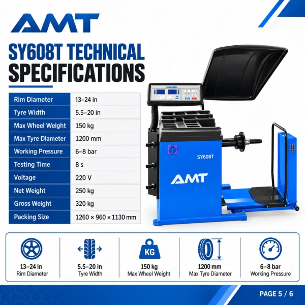 The <strong>AMT SY608T Truck Wheel Balancer</strong> is a heavy-duty balancing machine designed for truck, bus, passenger-car and motorcycle wheels. It supports wheels weighing up to 150 kg and tyres up to 1200 mm in diameter, while the integrated pneumatic tyre lift reduces manual handling during loading and positioning. <strong>Product highlights:</strong> 13–24 inch rim range; 5.5–20 inch tyre-width range; 40 mm high-precision centre shaft; eight-second testing cycle; 6–8 bar operating pressure; digital microprocessor control; wheel protection hood; and a pneumatic tyre lift. <h3>Technical Specifications</h3> <table> <thead> <tr> <th>Specification</th> <th>Details</th> </tr> </thead> <tbody> <tr> <td><strong>Model</strong></td> <td>SY608T</td> </tr> <tr> <td><strong>Rim Diameter</strong></td> <td>13–24 in</td> </tr> <tr> <td><strong>Tyre Width</strong></td> <td>5.5–20 in</td> </tr> <tr> <td><strong>Maximum Wheel Weight</strong></td> <td>150 kg</td> </tr> <tr> <td><strong>Maximum Tyre Diameter</strong></td> <td>1200 mm</td> </tr> <tr> <td><strong>Testing Time</strong></td> <td>8 seconds</td> </tr> <tr> <td><strong>Power Supply</strong></td> <td>220 V</td> </tr> </tbody> </table> The <strong>AMT SY608T Truck Wheel Balancer</strong> is a heavy-duty balancing machine designed for truck, bus, passenger-car and motorcycle wheels. It supports wheels weighing up to 150 kg and tyres up to 1200 mm in diameter, while the integrated pneumatic tyre lift reduces manual handling during loading and positioning. <strong>Product highlights:</strong> 13–24 inch rim range; 5.5–20 inch tyre-width range; 40 mm high-precision centre shaft; eight-second testing cycle; 6–8 bar operating pressure; digital microprocessor control; wheel protection hood; and a pneumatic tyre lift. <h3>Technical Specifications</h3> <table> <thead> <tr> <th>Specification</th> <th>Details</th> </tr> </thead> <tbody> <tr> <td><strong>Model</strong></td> <td>SY608T</td> </tr> <tr> <td><strong>Rim Diameter</strong></td> <td>13–24 in</td> </tr> <tr> <td><strong>Tyre Width</strong></td> <td>5.5–20 in</td> </tr> <tr> <td><strong>Maximum Wheel Weight</strong></td> <td>150 kg</td> </tr> <tr> <td><strong>Maximum Tyre Diameter</strong></td> <td>1200 mm</td> </tr> <tr> <td><strong>Testing Time</strong></td> <td>8 seconds</td> </tr> <tr> <td><strong>Power Supply</strong></td> <td>220 V</td> </tr> </tbody> </table>