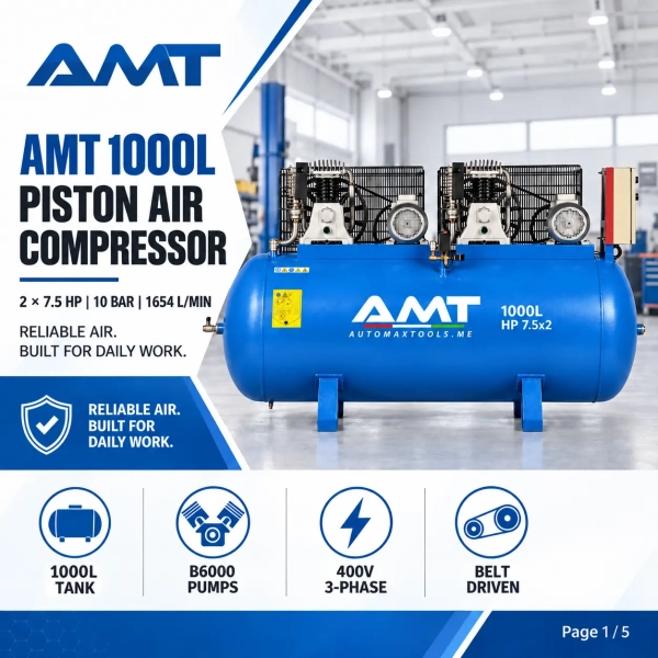 The <strong>AMT N1000/B6000/7.5 D</strong> is a 1000-litre tandem piston air compressor developed for dependable daily workshop air supply. Its two 7.5 HP motors and dual B6000 pumps provide an air displacement of 1654 L/min at a maximum working pressure of 10 bar. The belt-driven, oil-lubricated system operates at 1100 rpm and uses a 400 V three-phase power supply. It is suitable for professional garages, tyre-service areas, spray-painting work, maintenance lines and general pneumatic equipment. <h3>Technical Specifications</h3> <table> <thead> <tr> <th>Specification</th> <th>Details</th> </tr> </thead> <tbody> <tr> <td><strong>Brand</strong></td> <td>AMT</td> </tr> <tr> <td><strong>Model</strong></td> <td>N1000/B6000/7.5 D</td> </tr> <tr> <td><strong>Tank Capacity</strong></td> <td>1000 L</td> </tr> <tr> <td><strong>Pump Configuration</strong></td> <td>2 × B6000</td> </tr> <tr> <td><strong>Motor Power</strong></td> <td>2 × 7.5 HP / 2 × 5.5 kW</td> </tr> <tr> <td><strong>Air Displacement</strong></td> <td>1654 L/min</td> </tr> <tr> <td><strong>Maximum Pressure</strong></td> <td>10 bar</td> </tr> <tr> <td><strong>Pump Speed</strong></td> <td>1100 rpm</td> </tr> <tr> <td><strong>Power Supply</strong></td> <td>400 V / 3 Phase / 50 Hz</td> </tr> <tr> <td><strong>Drive</strong></td> <td>Belt driven</td> </tr> <tr> <td><strong>Lubrication</strong></td> <td>Oil lubricated</td> </tr> </tbody> </table> The <strong>AMT N1000/B6000/7.5 D</strong> is a 1000-litre tandem piston air compressor developed for dependable daily workshop air supply. Its two 7.5 HP motors and dual B6000 pumps provide an air displacement of 1654 L/min at a maximum working pressure of 10 bar. The belt-driven, oil-lubricated system operates at 1100 rpm and uses a 400 V three-phase power supply. It is suitable for professional garages, tyre-service areas, spray-painting work, maintenance lines and general pneumatic equipment. <h3>Technical Specifications</h3> <table> <thead> <tr> <th>Specification</th> <th>Details</th> </tr> </thead> <tbody> <tr> <td><strong>Brand</strong></td> <td>AMT</td> </tr> <tr> <td><strong>Model</strong></td> <td>N1000/B6000/7.5 D</td> </tr> <tr> <td><strong>Tank Capacity</strong></td> <td>1000 L</td> </tr> <tr> <td><strong>Pump Configuration</strong></td> <td>2 × B6000</td> </tr> <tr> <td><strong>Motor Power</strong></td> <td>2 × 7.5 HP / 2 × 5.5 kW</td> </tr> <tr> <td><strong>Air Displacement</strong></td> <td>1654 L/min</td> </tr> <tr> <td><strong>Maximum Pressure</strong></td> <td>10 bar</td> </tr> <tr> <td><strong>Pump Speed</strong></td> <td>1100 rpm</td> </tr> <tr> <td><strong>Power Supply</strong></td> <td>400 V / 3 Phase / 50 Hz</td> </tr> <tr> <td><strong>Drive</strong></td> <td>Belt driven</td> </tr> <tr> <td><strong>Lubrication</strong></td> <td>Oil lubricated</td> </tr> </tbody> </table>