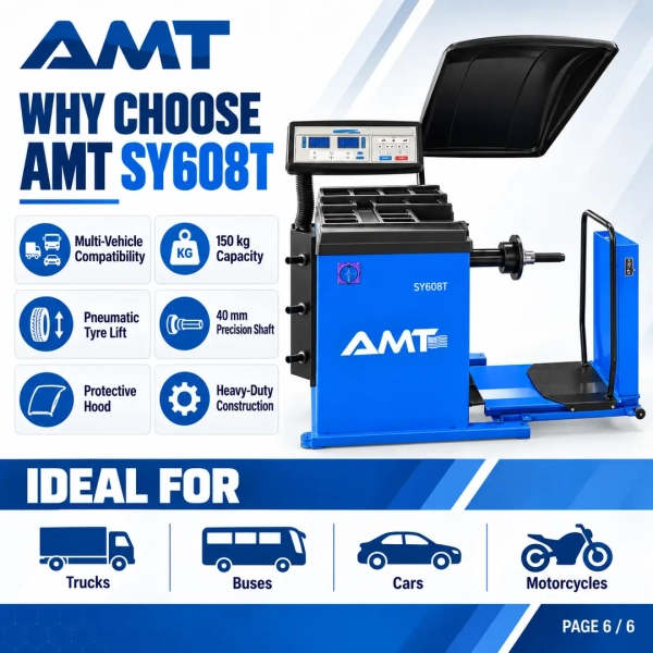 The <strong>AMT SY608T Truck Wheel Balancer</strong> is a heavy-duty balancing machine designed for truck, bus, passenger-car and motorcycle wheels. It supports wheels weighing up to 150 kg and tyres up to 1200 mm in diameter, while the integrated pneumatic tyre lift reduces manual handling during loading and positioning. <strong>Product highlights:</strong> 13–24 inch rim range; 5.5–20 inch tyre-width range; 40 mm high-precision centre shaft; eight-second testing cycle; 6–8 bar operating pressure; digital microprocessor control; wheel protection hood; and a pneumatic tyre lift. <h3>Technical Specifications</h3> <table> <thead> <tr> <th>Specification</th> <th>Details</th> </tr> </thead> <tbody> <tr> <td><strong>Model</strong></td> <td>SY608T</td> </tr> <tr> <td><strong>Rim Diameter</strong></td> <td>13–24 in</td> </tr> <tr> <td><strong>Tyre Width</strong></td> <td>5.5–20 in</td> </tr> <tr> <td><strong>Maximum Wheel Weight</strong></td> <td>150 kg</td> </tr> <tr> <td><strong>Maximum Tyre Diameter</strong></td> <td>1200 mm</td> </tr> <tr> <td><strong>Testing Time</strong></td> <td>8 seconds</td> </tr> <tr> <td><strong>Power Supply</strong></td> <td>220 V</td> </tr> </tbody> </table> The <strong>AMT SY608T Truck Wheel Balancer</strong> is a heavy-duty balancing machine designed for truck, bus, passenger-car and motorcycle wheels. It supports wheels weighing up to 150 kg and tyres up to 1200 mm in diameter, while the integrated pneumatic tyre lift reduces manual handling during loading and positioning. <strong>Product highlights:</strong> 13–24 inch rim range; 5.5–20 inch tyre-width range; 40 mm high-precision centre shaft; eight-second testing cycle; 6–8 bar operating pressure; digital microprocessor control; wheel protection hood; and a pneumatic tyre lift. <h3>Technical Specifications</h3> <table> <thead> <tr> <th>Specification</th> <th>Details</th> </tr> </thead> <tbody> <tr> <td><strong>Model</strong></td> <td>SY608T</td> </tr> <tr> <td><strong>Rim Diameter</strong></td> <td>13–24 in</td> </tr> <tr> <td><strong>Tyre Width</strong></td> <td>5.5–20 in</td> </tr> <tr> <td><strong>Maximum Wheel Weight</strong></td> <td>150 kg</td> </tr> <tr> <td><strong>Maximum Tyre Diameter</strong></td> <td>1200 mm</td> </tr> <tr> <td><strong>Testing Time</strong></td> <td>8 seconds</td> </tr> <tr> <td><strong>Power Supply</strong></td> <td>220 V</td> </tr> </tbody> </table>