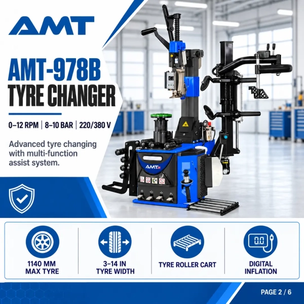 The <strong>AMT-978B Tyre Changer</strong> is an advanced tyre-changing machine with a multi-function assist system for professional servicing of passenger-car, SUV, low-profile and compatible run-flat tyres. Variable-speed operation, an automatic mounting head, tyre roller cart and digital inflation system support controlled workshop use. <strong>Product highlights:</strong> 0–12 rpm variable speed; 220/380 V configuration; 8–10 bar operating pressure; 1140 mm maximum tyre diameter; 3–14 inch tyre width; suspended swing arm; automatic mounting head; rim protection; tyre roller cart; and digital automatic inflation. <h3>Technical Specifications</h3> <table> <thead> <tr> <th>Specification</th> <th>Details</th> </tr> </thead> <tbody> <tr> <td><strong>Model</strong></td> <td>AMT-978B</td> </tr> <tr> <td><strong>Working Speed</strong></td> <td>0–12 rpm</td> </tr> <tr> <td><strong>Voltage</strong></td> <td>220/380 V</td> </tr> <tr> <td><strong>Working Pressure</strong></td> <td>8–10 bar</td> </tr> <tr> <td><strong>Maximum Tyre Diameter</strong></td> <td>1140 mm</td> </tr> <tr> <td><strong>Tyre Width</strong></td> <td>3–14 in</td> </tr> <tr> <td><strong>Inflation</strong></td> <td>Digital automatic</td> </tr> </tbody> </table> The <strong>AMT-978B Tyre Changer</strong> is an advanced tyre-changing machine with a multi-function assist system for professional servicing of passenger-car, SUV, low-profile and compatible run-flat tyres. Variable-speed operation, an automatic mounting head, tyre roller cart and digital inflation system support controlled workshop use. <strong>Product highlights:</strong> 0–12 rpm variable speed; 220/380 V configuration; 8–10 bar operating pressure; 1140 mm maximum tyre diameter; 3–14 inch tyre width; suspended swing arm; automatic mounting head; rim protection; tyre roller cart; and digital automatic inflation. <h3>Technical Specifications</h3> <table> <thead> <tr> <th>Specification</th> <th>Details</th> </tr> </thead> <tbody> <tr> <td><strong>Model</strong></td> <td>AMT-978B</td> </tr> <tr> <td><strong>Working Speed</strong></td> <td>0–12 rpm</td> </tr> <tr> <td><strong>Voltage</strong></td> <td>220/380 V</td> </tr> <tr> <td><strong>Working Pressure</strong></td> <td>8–10 bar</td> </tr> <tr> <td><strong>Maximum Tyre Diameter</strong></td> <td>1140 mm</td> </tr> <tr> <td><strong>Tyre Width</strong></td> <td>3–14 in</td> </tr> <tr> <td><strong>Inflation</strong></td> <td>Digital automatic</td> </tr> </tbody> </table>