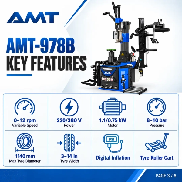 The <strong>AMT-978B Tyre Changer</strong> is an advanced tyre-changing machine with a multi-function assist system for professional servicing of passenger-car, SUV, low-profile and compatible run-flat tyres. Variable-speed operation, an automatic mounting head, tyre roller cart and digital inflation system support controlled workshop use. <strong>Product highlights:</strong> 0–12 rpm variable speed; 220/380 V configuration; 8–10 bar operating pressure; 1140 mm maximum tyre diameter; 3–14 inch tyre width; suspended swing arm; automatic mounting head; rim protection; tyre roller cart; and digital automatic inflation. <h3>Technical Specifications</h3> <table> <thead> <tr> <th>Specification</th> <th>Details</th> </tr> </thead> <tbody> <tr> <td><strong>Model</strong></td> <td>AMT-978B</td> </tr> <tr> <td><strong>Working Speed</strong></td> <td>0–12 rpm</td> </tr> <tr> <td><strong>Voltage</strong></td> <td>220/380 V</td> </tr> <tr> <td><strong>Working Pressure</strong></td> <td>8–10 bar</td> </tr> <tr> <td><strong>Maximum Tyre Diameter</strong></td> <td>1140 mm</td> </tr> <tr> <td><strong>Tyre Width</strong></td> <td>3–14 in</td> </tr> <tr> <td><strong>Inflation</strong></td> <td>Digital automatic</td> </tr> </tbody> </table> The <strong>AMT-978B Tyre Changer</strong> is an advanced tyre-changing machine with a multi-function assist system for professional servicing of passenger-car, SUV, low-profile and compatible run-flat tyres. Variable-speed operation, an automatic mounting head, tyre roller cart and digital inflation system support controlled workshop use. <strong>Product highlights:</strong> 0–12 rpm variable speed; 220/380 V configuration; 8–10 bar operating pressure; 1140 mm maximum tyre diameter; 3–14 inch tyre width; suspended swing arm; automatic mounting head; rim protection; tyre roller cart; and digital automatic inflation. <h3>Technical Specifications</h3> <table> <thead> <tr> <th>Specification</th> <th>Details</th> </tr> </thead> <tbody> <tr> <td><strong>Model</strong></td> <td>AMT-978B</td> </tr> <tr> <td><strong>Working Speed</strong></td> <td>0–12 rpm</td> </tr> <tr> <td><strong>Voltage</strong></td> <td>220/380 V</td> </tr> <tr> <td><strong>Working Pressure</strong></td> <td>8–10 bar</td> </tr> <tr> <td><strong>Maximum Tyre Diameter</strong></td> <td>1140 mm</td> </tr> <tr> <td><strong>Tyre Width</strong></td> <td>3–14 in</td> </tr> <tr> <td><strong>Inflation</strong></td> <td>Digital automatic</td> </tr> </tbody> </table>