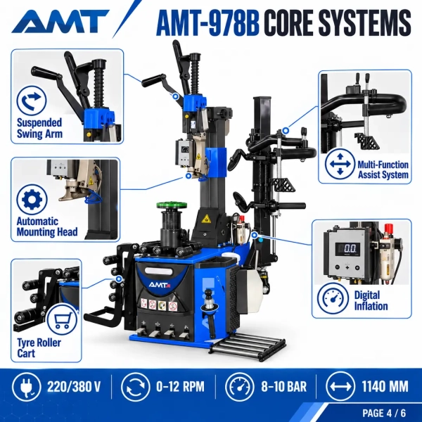 The <strong>AMT-978B Tyre Changer</strong> is an advanced tyre-changing machine with a multi-function assist system for professional servicing of passenger-car, SUV, low-profile and compatible run-flat tyres. Variable-speed operation, an automatic mounting head, tyre roller cart and digital inflation system support controlled workshop use. <strong>Product highlights:</strong> 0–12 rpm variable speed; 220/380 V configuration; 8–10 bar operating pressure; 1140 mm maximum tyre diameter; 3–14 inch tyre width; suspended swing arm; automatic mounting head; rim protection; tyre roller cart; and digital automatic inflation. <h3>Technical Specifications</h3> <table> <thead> <tr> <th>Specification</th> <th>Details</th> </tr> </thead> <tbody> <tr> <td><strong>Model</strong></td> <td>AMT-978B</td> </tr> <tr> <td><strong>Working Speed</strong></td> <td>0–12 rpm</td> </tr> <tr> <td><strong>Voltage</strong></td> <td>220/380 V</td> </tr> <tr> <td><strong>Working Pressure</strong></td> <td>8–10 bar</td> </tr> <tr> <td><strong>Maximum Tyre Diameter</strong></td> <td>1140 mm</td> </tr> <tr> <td><strong>Tyre Width</strong></td> <td>3–14 in</td> </tr> <tr> <td><strong>Inflation</strong></td> <td>Digital automatic</td> </tr> </tbody> </table> The <strong>AMT-978B Tyre Changer</strong> is an advanced tyre-changing machine with a multi-function assist system for professional servicing of passenger-car, SUV, low-profile and compatible run-flat tyres. Variable-speed operation, an automatic mounting head, tyre roller cart and digital inflation system support controlled workshop use. <strong>Product highlights:</strong> 0–12 rpm variable speed; 220/380 V configuration; 8–10 bar operating pressure; 1140 mm maximum tyre diameter; 3–14 inch tyre width; suspended swing arm; automatic mounting head; rim protection; tyre roller cart; and digital automatic inflation. <h3>Technical Specifications</h3> <table> <thead> <tr> <th>Specification</th> <th>Details</th> </tr> </thead> <tbody> <tr> <td><strong>Model</strong></td> <td>AMT-978B</td> </tr> <tr> <td><strong>Working Speed</strong></td> <td>0–12 rpm</td> </tr> <tr> <td><strong>Voltage</strong></td> <td>220/380 V</td> </tr> <tr> <td><strong>Working Pressure</strong></td> <td>8–10 bar</td> </tr> <tr> <td><strong>Maximum Tyre Diameter</strong></td> <td>1140 mm</td> </tr> <tr> <td><strong>Tyre Width</strong></td> <td>3–14 in</td> </tr> <tr> <td><strong>Inflation</strong></td> <td>Digital automatic</td> </tr> </tbody> </table>