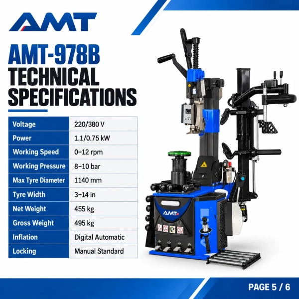 The <strong>AMT-978B Tyre Changer</strong> is an advanced tyre-changing machine with a multi-function assist system for professional servicing of passenger-car, SUV, low-profile and compatible run-flat tyres. Variable-speed operation, an automatic mounting head, tyre roller cart and digital inflation system support controlled workshop use. <strong>Product highlights:</strong> 0–12 rpm variable speed; 220/380 V configuration; 8–10 bar operating pressure; 1140 mm maximum tyre diameter; 3–14 inch tyre width; suspended swing arm; automatic mounting head; rim protection; tyre roller cart; and digital automatic inflation. <h3>Technical Specifications</h3> <table> <thead> <tr> <th>Specification</th> <th>Details</th> </tr> </thead> <tbody> <tr> <td><strong>Model</strong></td> <td>AMT-978B</td> </tr> <tr> <td><strong>Working Speed</strong></td> <td>0–12 rpm</td> </tr> <tr> <td><strong>Voltage</strong></td> <td>220/380 V</td> </tr> <tr> <td><strong>Working Pressure</strong></td> <td>8–10 bar</td> </tr> <tr> <td><strong>Maximum Tyre Diameter</strong></td> <td>1140 mm</td> </tr> <tr> <td><strong>Tyre Width</strong></td> <td>3–14 in</td> </tr> <tr> <td><strong>Inflation</strong></td> <td>Digital automatic</td> </tr> </tbody> </table> The <strong>AMT-978B Tyre Changer</strong> is an advanced tyre-changing machine with a multi-function assist system for professional servicing of passenger-car, SUV, low-profile and compatible run-flat tyres. Variable-speed operation, an automatic mounting head, tyre roller cart and digital inflation system support controlled workshop use. <strong>Product highlights:</strong> 0–12 rpm variable speed; 220/380 V configuration; 8–10 bar operating pressure; 1140 mm maximum tyre diameter; 3–14 inch tyre width; suspended swing arm; automatic mounting head; rim protection; tyre roller cart; and digital automatic inflation. <h3>Technical Specifications</h3> <table> <thead> <tr> <th>Specification</th> <th>Details</th> </tr> </thead> <tbody> <tr> <td><strong>Model</strong></td> <td>AMT-978B</td> </tr> <tr> <td><strong>Working Speed</strong></td> <td>0–12 rpm</td> </tr> <tr> <td><strong>Voltage</strong></td> <td>220/380 V</td> </tr> <tr> <td><strong>Working Pressure</strong></td> <td>8–10 bar</td> </tr> <tr> <td><strong>Maximum Tyre Diameter</strong></td> <td>1140 mm</td> </tr> <tr> <td><strong>Tyre Width</strong></td> <td>3–14 in</td> </tr> <tr> <td><strong>Inflation</strong></td> <td>Digital automatic</td> </tr> </tbody> </table>