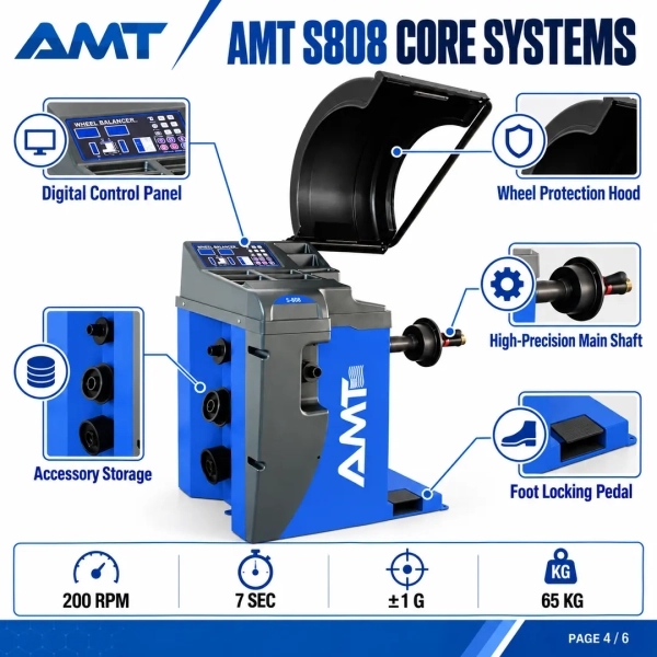 The <strong>AMT S808 Wheel Balancer</strong> is a professional electronic wheel balancer designed for fast and accurate passenger-car and SUV wheel service. It combines a seven-second balance cycle, ±1 g precision, multiple balancing modes, self-calibration and an OPT function in a compact workshop platform. <strong>Product highlights:</strong> 200 rpm balancing speed; seven-second cycle; 10–24 inch rim range; 1.5–18 inch wheel-width range; 65 kg maximum wheel weight; 1000 mm maximum wheel diameter; digital control panel; foot locking pedal; and wheel protection hood. <h3>Technical Specifications</h3> <table> <thead> <tr> <th>Specification</th> <th>Details</th> </tr> </thead> <tbody> <tr> <td><strong>Model</strong></td> <td>S808</td> </tr> <tr> <td><strong>Balance Speed</strong></td> <td>200 rpm</td> </tr> <tr> <td><strong>Balance Cycle</strong></td> <td>7 seconds</td> </tr> <tr> <td><strong>Rim Diameter</strong></td> <td>10–24 in</td> </tr> <tr> <td><strong>Wheel Width</strong></td> <td>1.5–18 in</td> </tr> <tr> <td><strong>Maximum Wheel Weight</strong></td> <td>65 kg</td> </tr> <tr> <td><strong>Precision</strong></td> <td>±1 g</td> </tr> </tbody> </table> The <strong>AMT S808 Wheel Balancer</strong> is a professional electronic wheel balancer designed for fast and accurate passenger-car and SUV wheel service. It combines a seven-second balance cycle, ±1 g precision, multiple balancing modes, self-calibration and an OPT function in a compact workshop platform. <strong>Product highlights:</strong> 200 rpm balancing speed; seven-second cycle; 10–24 inch rim range; 1.5–18 inch wheel-width range; 65 kg maximum wheel weight; 1000 mm maximum wheel diameter; digital control panel; foot locking pedal; and wheel protection hood. <h3>Technical Specifications</h3> <table> <thead> <tr> <th>Specification</th> <th>Details</th> </tr> </thead> <tbody> <tr> <td><strong>Model</strong></td> <td>S808</td> </tr> <tr> <td><strong>Balance Speed</strong></td> <td>200 rpm</td> </tr> <tr> <td><strong>Balance Cycle</strong></td> <td>7 seconds</td> </tr> <tr> <td><strong>Rim Diameter</strong></td> <td>10–24 in</td> </tr> <tr> <td><strong>Wheel Width</strong></td> <td>1.5–18 in</td> </tr> <tr> <td><strong>Maximum Wheel Weight</strong></td> <td>65 kg</td> </tr> <tr> <td><strong>Precision</strong></td> <td>±1 g</td> </tr> </tbody> </table>