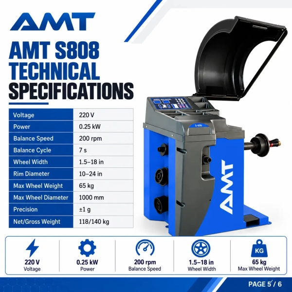 The <strong>AMT S808 Wheel Balancer</strong> is a professional electronic wheel balancer designed for fast and accurate passenger-car and SUV wheel service. It combines a seven-second balance cycle, ±1 g precision, multiple balancing modes, self-calibration and an OPT function in a compact workshop platform. <strong>Product highlights:</strong> 200 rpm balancing speed; seven-second cycle; 10–24 inch rim range; 1.5–18 inch wheel-width range; 65 kg maximum wheel weight; 1000 mm maximum wheel diameter; digital control panel; foot locking pedal; and wheel protection hood. <h3>Technical Specifications</h3> <table> <thead> <tr> <th>Specification</th> <th>Details</th> </tr> </thead> <tbody> <tr> <td><strong>Model</strong></td> <td>S808</td> </tr> <tr> <td><strong>Balance Speed</strong></td> <td>200 rpm</td> </tr> <tr> <td><strong>Balance Cycle</strong></td> <td>7 seconds</td> </tr> <tr> <td><strong>Rim Diameter</strong></td> <td>10–24 in</td> </tr> <tr> <td><strong>Wheel Width</strong></td> <td>1.5–18 in</td> </tr> <tr> <td><strong>Maximum Wheel Weight</strong></td> <td>65 kg</td> </tr> <tr> <td><strong>Precision</strong></td> <td>±1 g</td> </tr> </tbody> </table> The <strong>AMT S808 Wheel Balancer</strong> is a professional electronic wheel balancer designed for fast and accurate passenger-car and SUV wheel service. It combines a seven-second balance cycle, ±1 g precision, multiple balancing modes, self-calibration and an OPT function in a compact workshop platform. <strong>Product highlights:</strong> 200 rpm balancing speed; seven-second cycle; 10–24 inch rim range; 1.5–18 inch wheel-width range; 65 kg maximum wheel weight; 1000 mm maximum wheel diameter; digital control panel; foot locking pedal; and wheel protection hood. <h3>Technical Specifications</h3> <table> <thead> <tr> <th>Specification</th> <th>Details</th> </tr> </thead> <tbody> <tr> <td><strong>Model</strong></td> <td>S808</td> </tr> <tr> <td><strong>Balance Speed</strong></td> <td>200 rpm</td> </tr> <tr> <td><strong>Balance Cycle</strong></td> <td>7 seconds</td> </tr> <tr> <td><strong>Rim Diameter</strong></td> <td>10–24 in</td> </tr> <tr> <td><strong>Wheel Width</strong></td> <td>1.5–18 in</td> </tr> <tr> <td><strong>Maximum Wheel Weight</strong></td> <td>65 kg</td> </tr> <tr> <td><strong>Precision</strong></td> <td>±1 g</td> </tr> </tbody> </table>