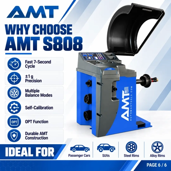 The <strong>AMT S808 Wheel Balancer</strong> is a professional electronic wheel balancer designed for fast and accurate passenger-car and SUV wheel service. It combines a seven-second balance cycle, ±1 g precision, multiple balancing modes, self-calibration and an OPT function in a compact workshop platform. <strong>Product highlights:</strong> 200 rpm balancing speed; seven-second cycle; 10–24 inch rim range; 1.5–18 inch wheel-width range; 65 kg maximum wheel weight; 1000 mm maximum wheel diameter; digital control panel; foot locking pedal; and wheel protection hood. <h3>Technical Specifications</h3> <table> <thead> <tr> <th>Specification</th> <th>Details</th> </tr> </thead> <tbody> <tr> <td><strong>Model</strong></td> <td>S808</td> </tr> <tr> <td><strong>Balance Speed</strong></td> <td>200 rpm</td> </tr> <tr> <td><strong>Balance Cycle</strong></td> <td>7 seconds</td> </tr> <tr> <td><strong>Rim Diameter</strong></td> <td>10–24 in</td> </tr> <tr> <td><strong>Wheel Width</strong></td> <td>1.5–18 in</td> </tr> <tr> <td><strong>Maximum Wheel Weight</strong></td> <td>65 kg</td> </tr> <tr> <td><strong>Precision</strong></td> <td>±1 g</td> </tr> </tbody> </table> The <strong>AMT S808 Wheel Balancer</strong> is a professional electronic wheel balancer designed for fast and accurate passenger-car and SUV wheel service. It combines a seven-second balance cycle, ±1 g precision, multiple balancing modes, self-calibration and an OPT function in a compact workshop platform. <strong>Product highlights:</strong> 200 rpm balancing speed; seven-second cycle; 10–24 inch rim range; 1.5–18 inch wheel-width range; 65 kg maximum wheel weight; 1000 mm maximum wheel diameter; digital control panel; foot locking pedal; and wheel protection hood. <h3>Technical Specifications</h3> <table> <thead> <tr> <th>Specification</th> <th>Details</th> </tr> </thead> <tbody> <tr> <td><strong>Model</strong></td> <td>S808</td> </tr> <tr> <td><strong>Balance Speed</strong></td> <td>200 rpm</td> </tr> <tr> <td><strong>Balance Cycle</strong></td> <td>7 seconds</td> </tr> <tr> <td><strong>Rim Diameter</strong></td> <td>10–24 in</td> </tr> <tr> <td><strong>Wheel Width</strong></td> <td>1.5–18 in</td> </tr> <tr> <td><strong>Maximum Wheel Weight</strong></td> <td>65 kg</td> </tr> <tr> <td><strong>Precision</strong></td> <td>±1 g</td> </tr> </tbody> </table>