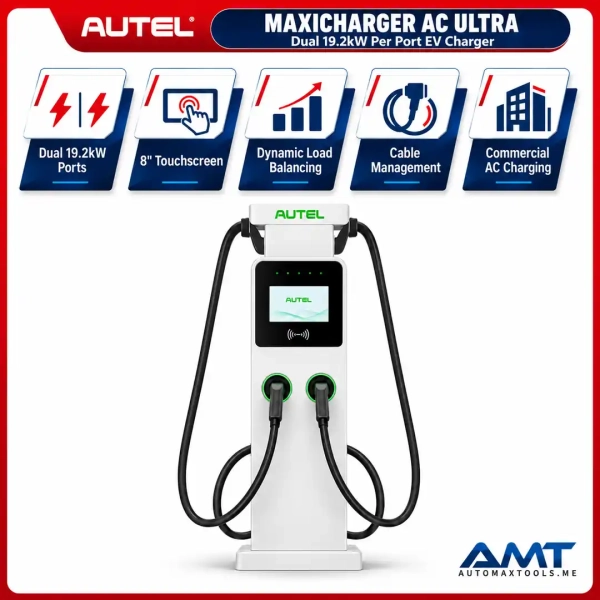 <h4>The <strong>Autel MaxiCharger AC Ultra</strong> is a dual-port commercial AC charger capable of delivering up to <strong>19.2kW per port</strong> while two compatible vehicles charge simultaneously.</h4><h3>Key Features</h3><ul><li>Dual 19.2kW simultaneous AC charging</li><li>8-inch HD touchscreen for charging information and media</li><li>Integrated cable-management system</li><li>Dynamic Load Balancing for commercial sites</li><li>OCPP-connected operation for fleet, workplace and destination charging</li></ul><h3>Quick Specifications</h3><table style="width:100%;border-collapse:collapse;margin:14px 0;"><tr><th style="text-align:left;padding:8px;border:1px solid #ddd;background:#f7f7f7;">Maximum Output</th><td style="padding:8px;border:1px solid #ddd;">2 × 19.2kW</td></tr><tr><th style="text-align:left;padding:8px;border:1px solid #ddd;background:#f7f7f7;">Current</th><td style="padding:8px;border:1px solid #ddd;">Up to 80A per port on applicable version</td></tr><tr><th style="text-align:left;padding:8px;border:1px solid #ddd;background:#f7f7f7;">Display</th><td style="padding:8px;border:1px solid #ddd;">8-inch HD touchscreen</td></tr><tr><th style="text-align:left;padding:8px;border:1px solid #ddd;background:#f7f7f7;">Ports</th><td style="padding:8px;border:1px solid #ddd;">2</td></tr><tr><th style="text-align:left;padding:8px;border:1px solid #ddd;background:#f7f7f7;">Mounting</th><td style="padding:8px;border:1px solid #ddd;">Wall or floor / pedestal</td></tr><tr><th style="text-align:left;padding:8px;border:1px solid #ddd;background:#f7f7f7;">Network</th><td style="padding:8px;border:1px solid #ddd;">4G, Wi-Fi, LAN / Ethernet</td></tr></table><p style="color:red;"><strong>1 Year Warranty.</strong></p> <h4>The <strong>Autel MaxiCharger AC Ultra</strong> is a dual-port commercial AC charger capable of delivering up to <strong>19.2kW per port</strong> while two compatible vehicles charge simultaneously.</h4><h3>Key Features</h3><ul><li>Dual 19.2kW simultaneous AC charging</li><li>8-inch HD touchscreen for charging information and media</li><li>Integrated cable-management system</li><li>Dynamic Load Balancing for commercial sites</li><li>OCPP-connected operation for fleet, workplace and destination charging</li></ul><h3>Quick Specifications</h3><table style="width:100%;border-collapse:collapse;margin:14px 0;"><tr><th style="text-align:left;padding:8px;border:1px solid #ddd;background:#f7f7f7;">Maximum Output</th><td style="padding:8px;border:1px solid #ddd;">2 × 19.2kW</td></tr><tr><th style="text-align:left;padding:8px;border:1px solid #ddd;background:#f7f7f7;">Current</th><td style="padding:8px;border:1px solid #ddd;">Up to 80A per port on applicable version</td></tr><tr><th style="text-align:left;padding:8px;border:1px solid #ddd;background:#f7f7f7;">Display</th><td style="padding:8px;border:1px solid #ddd;">8-inch HD touchscreen</td></tr><tr><th style="text-align:left;padding:8px;border:1px solid #ddd;background:#f7f7f7;">Ports</th><td style="padding:8px;border:1px solid #ddd;">2</td></tr><tr><th style="text-align:left;padding:8px;border:1px solid #ddd;background:#f7f7f7;">Mounting</th><td style="padding:8px;border:1px solid #ddd;">Wall or floor / pedestal</td></tr><tr><th style="text-align:left;padding:8px;border:1px solid #ddd;background:#f7f7f7;">Network</th><td style="padding:8px;border:1px solid #ddd;">4G, Wi-Fi, LAN / Ethernet</td></tr></table><p style="color:red;"><strong>1 Year Warranty.</strong></p>