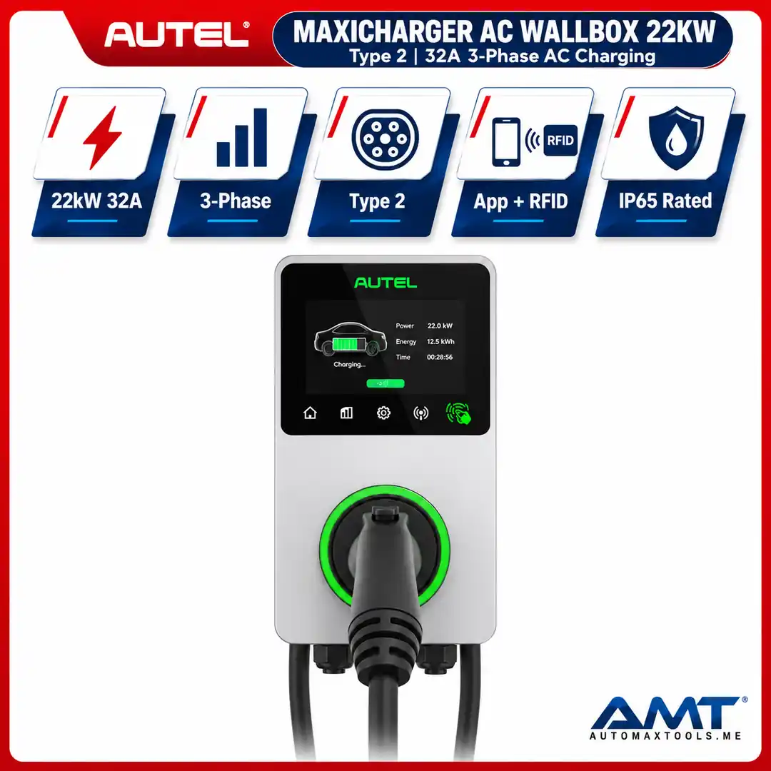 Autel MaxiCharger AC Wallbox 22kW EV Charger | Type 2 | 32A 3-Phase | App, Wi-Fi, Bluetooth & RFID