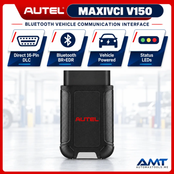 <h3>Autel MaxiVCI V150 Wireless Diagnostic Interface</h3>
<p>The Autel MaxiVCI V150 is a compact 16-pin vehicle communication interface that links a supported Autel diagnostic tablet to the vehicle data link connector. It receives power from the vehicle DLC and communicates with the paired tablet over Bluetooth.</p>
<h3>Technical Specifications</h3>
<table><thead><tr><th>Specification</th><th>Details</th></tr></thead><tbody>
<tr><td><strong>Model</strong></td><td>MaxiVCI V150</td></tr>
<tr><td><strong>Vehicle Connector</strong></td><td>Direct 16-pin OBD-II/DLC connector</td></tr>
<tr><td><strong>Communication</strong></td><td>Bluetooth BR + EDR, 2.4GHz</td></tr>
<tr><td><strong>Input Voltage</strong></td><td>8–30V DC</td></tr>
<tr><td><strong>Supply Current</strong></td><td>150mA at 12V DC</td></tr>
<tr><td><strong>Operating Temperature</strong></td><td>0–50°C</td></tr>
<tr><td><strong>Storage Temperature</strong></td><td>−10–60°C</td></tr>
<tr><td><strong>Device Dimensions</strong></td><td>77.47 × 46.8 × 21.38mm</td></tr>
<tr><td><strong>Device Weight</strong></td><td>51.5g</td></tr>
</tbody></table>
<p><strong>Compatibility note:</strong> Use only with Autel tablets and software packages that specifically support the MaxiVCI V150. It is not a universal replacement for every Autel VCI, VCMI or J2534 interface.</p> <h3>Autel MaxiVCI V150 Wireless Diagnostic Interface</h3>
<p>The Autel MaxiVCI V150 is a compact 16-pin vehicle communication interface that links a supported Autel diagnostic tablet to the vehicle data link connector. It receives power from the vehicle DLC and communicates with the paired tablet over Bluetooth.</p>
<h3>Technical Specifications</h3>
<table><thead><tr><th>Specification</th><th>Details</th></tr></thead><tbody>
<tr><td><strong>Model</strong></td><td>MaxiVCI V150</td></tr>
<tr><td><strong>Vehicle Connector</strong></td><td>Direct 16-pin OBD-II/DLC connector</td></tr>
<tr><td><strong>Communication</strong></td><td>Bluetooth BR + EDR, 2.4GHz</td></tr>
<tr><td><strong>Input Voltage</strong></td><td>8–30V DC</td></tr>
<tr><td><strong>Supply Current</strong></td><td>150mA at 12V DC</td></tr>
<tr><td><strong>Operating Temperature</strong></td><td>0–50°C</td></tr>
<tr><td><strong>Storage Temperature</strong></td><td>−10–60°C</td></tr>
<tr><td><strong>Device Dimensions</strong></td><td>77.47 × 46.8 × 21.38mm</td></tr>
<tr><td><strong>Device Weight</strong></td><td>51.5g</td></tr>
</tbody></table>
<p><strong>Compatibility note:</strong> Use only with Autel tablets and software packages that specifically support the MaxiVCI V150. It is not a universal replacement for every Autel VCI, VCMI or J2534 interface.</p>