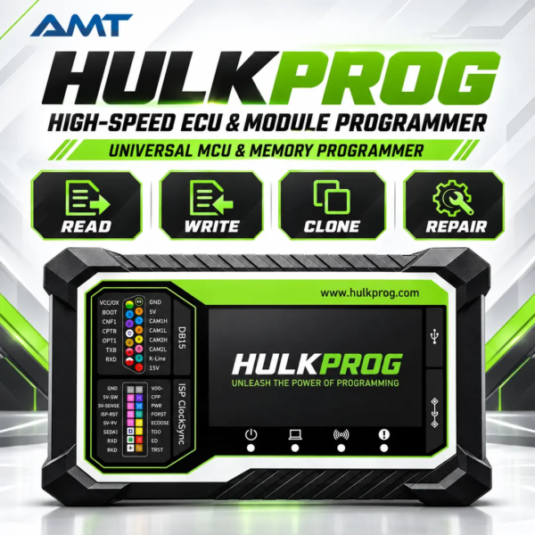 <p><strong>HULKPROG High-Speed ECU & Module Programmer</strong> is a professional universal MCU and memory programmer for automotive electronics, ECU repair, module cloning and bench-level chip work. It reads, writes, verifies, erases and backs up EEPROM, Flash, serial memory and microcontroller data through ZIF, ISP/ICSP and UART workflows.</p>
<p>Designed for technicians who need more control than a fixed device list, HULKPROG supports user-defined modules and wiring information. The genuine hardware works with the HULKPROG Windows application, receives automatic software updates and has no annual subscription fee.</p>
<h3>Technical Specifications</h3>
<table>
<tbody>
<tr><th>Specification</th><th>Details</th></tr>
<tr><td>Product Type</td><td>Universal MCU, EEPROM and memory programmer</td></tr>
<tr><td>Main Functions</td><td>Read, write, clone, verify, erase, blank check and checksum</td></tr>
<tr><td>Programming Interfaces</td><td>Universal ZIF socket, ISP / ICSP header and UART</td></tr>
<tr><td>PC Connection</td><td>USB connection with Windows software</td></tr>
<tr><td>Supported Work</td><td>ECU, TCU, BCM, KVM, immobilizer, cluster and electronic module bench work</td></tr>
<tr><td>Indicators</td><td>POWER, BUSY, UART and ISP status LEDs</td></tr>
<tr><td>Adapters</td><td>Ready for optional SOIC, TSOP, QFP and BGA socket adapters</td></tr>
<tr><td>Updates</td><td>Automatic software updates; no annual fee</td></tr>
<tr><td>Shipping Weight</td><td>1 kg</td></tr>
<tr><td>Approx. Packed Size</td><td>32 × 25 × 10 cm</td></tr>
</tbody>
</table> <p><strong>HULKPROG High-Speed ECU & Module Programmer</strong> is a professional universal MCU and memory programmer for automotive electronics, ECU repair, module cloning and bench-level chip work. It reads, writes, verifies, erases and backs up EEPROM, Flash, serial memory and microcontroller data through ZIF, ISP/ICSP and UART workflows.</p>
<p>Designed for technicians who need more control than a fixed device list, HULKPROG supports user-defined modules and wiring information. The genuine hardware works with the HULKPROG Windows application, receives automatic software updates and has no annual subscription fee.</p>
<h3>Technical Specifications</h3>
<table>
<tbody>
<tr><th>Specification</th><th>Details</th></tr>
<tr><td>Product Type</td><td>Universal MCU, EEPROM and memory programmer</td></tr>
<tr><td>Main Functions</td><td>Read, write, clone, verify, erase, blank check and checksum</td></tr>
<tr><td>Programming Interfaces</td><td>Universal ZIF socket, ISP / ICSP header and UART</td></tr>
<tr><td>PC Connection</td><td>USB connection with Windows software</td></tr>
<tr><td>Supported Work</td><td>ECU, TCU, BCM, KVM, immobilizer, cluster and electronic module bench work</td></tr>
<tr><td>Indicators</td><td>POWER, BUSY, UART and ISP status LEDs</td></tr>
<tr><td>Adapters</td><td>Ready for optional SOIC, TSOP, QFP and BGA socket adapters</td></tr>
<tr><td>Updates</td><td>Automatic software updates; no annual fee</td></tr>
<tr><td>Shipping Weight</td><td>1 kg</td></tr>
<tr><td>Approx. Packed Size</td><td>32 × 25 × 10 cm</td></tr>
</tbody>
</table>