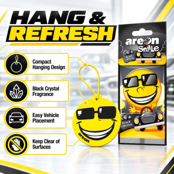 <h3>Areon Smile Dry Black Crystal Hanging Air Freshener</h3>
<p>Areon Smile Dry Black Crystal is a lightweight hanging air freshener that delivers the Black Crystal fragrance in a simple card format. It is easy to suspend inside a vehicle and requires no power, liquid refill or dashboard space.</p>
<h3>Technical Specifications</h3>
<table><thead><tr><th>Specification</th><th>Details</th></tr></thead><tbody>
<tr><td><strong>Brand</strong></td><td>Areon</td></tr>
<tr><td><strong>Range</strong></td><td>Smile Dry</td></tr>
<tr><td><strong>Product Code</strong></td><td>CB3800034958042</td></tr>
<tr><td><strong>Fragrance</strong></td><td>Black Crystal</td></tr>
<tr><td><strong>Format</strong></td><td>Hanging scented card</td></tr>
<tr><td><strong>Approx. Shipping Weight</strong></td><td>0.02kg</td></tr>
<tr><td><strong>Approx. Packed Size</strong></td><td>19.1 × 7.4 × 0.8cm</td></tr>
</tbody></table> <h3>Areon Smile Dry Black Crystal Hanging Air Freshener</h3>
<p>Areon Smile Dry Black Crystal is a lightweight hanging air freshener that delivers the Black Crystal fragrance in a simple card format. It is easy to suspend inside a vehicle and requires no power, liquid refill or dashboard space.</p>
<h3>Technical Specifications</h3>
<table><thead><tr><th>Specification</th><th>Details</th></tr></thead><tbody>
<tr><td><strong>Brand</strong></td><td>Areon</td></tr>
<tr><td><strong>Range</strong></td><td>Smile Dry</td></tr>
<tr><td><strong>Product Code</strong></td><td>CB3800034958042</td></tr>
<tr><td><strong>Fragrance</strong></td><td>Black Crystal</td></tr>
<tr><td><strong>Format</strong></td><td>Hanging scented card</td></tr>
<tr><td><strong>Approx. Shipping Weight</strong></td><td>0.02kg</td></tr>
<tr><td><strong>Approx. Packed Size</strong></td><td>19.1 × 7.4 × 0.8cm</td></tr>
</tbody></table>