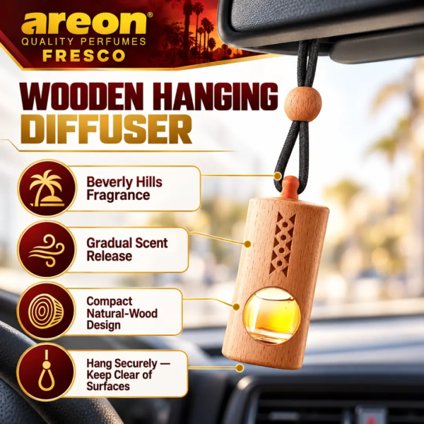 <h3>Areon Fresco Beverly Hills Hanging Diffuser</h3>
<p>Areon Fresco Beverly Hills is a compact hanging fragrance diffuser with a decorative wooden cap that releases aroma into the vehicle cabin. It combines a premium presentation with a simple, adjustable hanging installation.</p>
<h3>Technical Specifications</h3>
<table><thead><tr><th>Specification</th><th>Details</th></tr></thead><tbody>
<tr><td><strong>Brand</strong></td><td>Areon</td></tr>
<tr><td><strong>Range</strong></td><td>Fresco</td></tr>
<tr><td><strong>Product Code</strong></td><td>HB3800034953597CB</td></tr>
<tr><td><strong>Fragrance</strong></td><td>Beverly Hills</td></tr>
<tr><td><strong>Format</strong></td><td>Hanging liquid fragrance with wooden diffuser cap</td></tr>
<tr><td><strong>Approx. Shipping Weight</strong></td><td>0.055kg</td></tr>
<tr><td><strong>Approx. Packed Size</strong></td><td>19 × 8 × 3cm</td></tr>
</tbody></table> <h3>Areon Fresco Beverly Hills Hanging Diffuser</h3>
<p>Areon Fresco Beverly Hills is a compact hanging fragrance diffuser with a decorative wooden cap that releases aroma into the vehicle cabin. It combines a premium presentation with a simple, adjustable hanging installation.</p>
<h3>Technical Specifications</h3>
<table><thead><tr><th>Specification</th><th>Details</th></tr></thead><tbody>
<tr><td><strong>Brand</strong></td><td>Areon</td></tr>
<tr><td><strong>Range</strong></td><td>Fresco</td></tr>
<tr><td><strong>Product Code</strong></td><td>HB3800034953597CB</td></tr>
<tr><td><strong>Fragrance</strong></td><td>Beverly Hills</td></tr>
<tr><td><strong>Format</strong></td><td>Hanging liquid fragrance with wooden diffuser cap</td></tr>
<tr><td><strong>Approx. Shipping Weight</strong></td><td>0.055kg</td></tr>
<tr><td><strong>Approx. Packed Size</strong></td><td>19 × 8 × 3cm</td></tr>
</tbody></table>