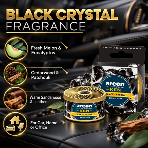<h3>Areon Ken Black Crystal Air Freshener – 35g</h3>
<p>Areon Ken Black Crystal is a compact 35g solid fragrance can created for a refined vehicle-interior aroma. The adjustable vented lid controls scent release and makes the product suitable for daily cabin use.</p>
<h3>Technical Specifications</h3>
<table><thead><tr><th>Specification</th><th>Details</th></tr></thead><tbody>
<tr><td><strong>Brand</strong></td><td>Areon</td></tr>
<tr><td><strong>Range</strong></td><td>Ken</td></tr>
<tr><td><strong>Product Code</strong></td><td>AKBLC3800034955225</td></tr>
<tr><td><strong>Fragrance</strong></td><td>Black Crystal</td></tr>
<tr><td><strong>Format</strong></td><td>Adjustable solid fragrance can</td></tr>
<tr><td><strong>Net Content</strong></td><td>35g</td></tr>
<tr><td><strong>Approx. Shipping Weight</strong></td><td>0.081kg</td></tr>
<tr><td><strong>Approx. Packed Size</strong></td><td>9.7 × 7 × 3.8cm</td></tr>
</tbody></table> <h3>Areon Ken Black Crystal Air Freshener – 35g</h3>
<p>Areon Ken Black Crystal is a compact 35g solid fragrance can created for a refined vehicle-interior aroma. The adjustable vented lid controls scent release and makes the product suitable for daily cabin use.</p>
<h3>Technical Specifications</h3>
<table><thead><tr><th>Specification</th><th>Details</th></tr></thead><tbody>
<tr><td><strong>Brand</strong></td><td>Areon</td></tr>
<tr><td><strong>Range</strong></td><td>Ken</td></tr>
<tr><td><strong>Product Code</strong></td><td>AKBLC3800034955225</td></tr>
<tr><td><strong>Fragrance</strong></td><td>Black Crystal</td></tr>
<tr><td><strong>Format</strong></td><td>Adjustable solid fragrance can</td></tr>
<tr><td><strong>Net Content</strong></td><td>35g</td></tr>
<tr><td><strong>Approx. Shipping Weight</strong></td><td>0.081kg</td></tr>
<tr><td><strong>Approx. Packed Size</strong></td><td>9.7 × 7 × 3.8cm</td></tr>
</tbody></table>