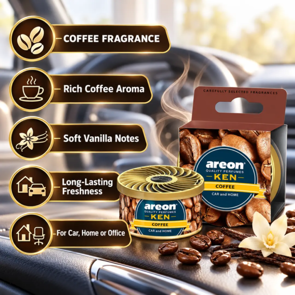 <h3>Areon Ken Coffee Air Freshener – 35g</h3>
<p>Areon Ken Coffee is a compact 35g solid fragrance can designed to give a vehicle interior a warm, roasted-coffee character. The vented lid lets the user adjust fragrance intensity while the low-profile container fits neatly in common cabin storage areas.</p>
<h3>Technical Specifications</h3>
<table><thead><tr><th>Specification</th><th>Details</th></tr></thead><tbody>
<tr><td><strong>Brand</strong></td><td>Areon</td></tr>
<tr><td><strong>Range</strong></td><td>Ken</td></tr>
<tr><td><strong>Product Code</strong></td><td>AKCOF3800034955225P</td></tr>
<tr><td><strong>Fragrance</strong></td><td>Coffee</td></tr>
<tr><td><strong>Format</strong></td><td>Adjustable solid fragrance can</td></tr>
<tr><td><strong>Net Content</strong></td><td>35g</td></tr>
<tr><td><strong>Approx. Shipping Weight</strong></td><td>0.081kg</td></tr>
<tr><td><strong>Approx. Packed Size</strong></td><td>9.7 × 7 × 3.8cm</td></tr>
</tbody></table> <h3>Areon Ken Coffee Air Freshener – 35g</h3>
<p>Areon Ken Coffee is a compact 35g solid fragrance can designed to give a vehicle interior a warm, roasted-coffee character. The vented lid lets the user adjust fragrance intensity while the low-profile container fits neatly in common cabin storage areas.</p>
<h3>Technical Specifications</h3>
<table><thead><tr><th>Specification</th><th>Details</th></tr></thead><tbody>
<tr><td><strong>Brand</strong></td><td>Areon</td></tr>
<tr><td><strong>Range</strong></td><td>Ken</td></tr>
<tr><td><strong>Product Code</strong></td><td>AKCOF3800034955225P</td></tr>
<tr><td><strong>Fragrance</strong></td><td>Coffee</td></tr>
<tr><td><strong>Format</strong></td><td>Adjustable solid fragrance can</td></tr>
<tr><td><strong>Net Content</strong></td><td>35g</td></tr>
<tr><td><strong>Approx. Shipping Weight</strong></td><td>0.081kg</td></tr>
<tr><td><strong>Approx. Packed Size</strong></td><td>9.7 × 7 × 3.8cm</td></tr>
</tbody></table>