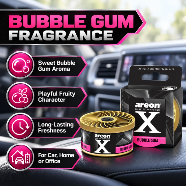 <h3>Areon Ken X Version Bubble Gum Air Freshener – 35g</h3>
<p>Areon Ken X Version Bubble Gum is a 35g solid car air freshener with a playful, sweet fragrance. Its vented lid provides adjustable scent release, while the compact container is easy to position securely inside the cabin.</p>
<h3>Technical Specifications</h3>
<table><thead><tr><th>Specification</th><th>Details</th></tr></thead><tbody>
<tr><td><strong>Brand</strong></td><td>Areon</td></tr>
<tr><td><strong>Range</strong></td><td>Ken X Version</td></tr>
<tr><td><strong>Product Code</strong></td><td>AKXBUG3800034955225P</td></tr>
<tr><td><strong>Fragrance</strong></td><td>Bubble Gum</td></tr>
<tr><td><strong>Format</strong></td><td>Adjustable solid fragrance can</td></tr>
<tr><td><strong>Net Content</strong></td><td>35g</td></tr>
<tr><td><strong>Approx. Shipping Weight</strong></td><td>0.081kg</td></tr>
<tr><td><strong>Approx. Packed Size</strong></td><td>9.7 × 7 × 3.8cm</td></tr>
</tbody></table> <h3>Areon Ken X Version Bubble Gum Air Freshener – 35g</h3>
<p>Areon Ken X Version Bubble Gum is a 35g solid car air freshener with a playful, sweet fragrance. Its vented lid provides adjustable scent release, while the compact container is easy to position securely inside the cabin.</p>
<h3>Technical Specifications</h3>
<table><thead><tr><th>Specification</th><th>Details</th></tr></thead><tbody>
<tr><td><strong>Brand</strong></td><td>Areon</td></tr>
<tr><td><strong>Range</strong></td><td>Ken X Version</td></tr>
<tr><td><strong>Product Code</strong></td><td>AKXBUG3800034955225P</td></tr>
<tr><td><strong>Fragrance</strong></td><td>Bubble Gum</td></tr>
<tr><td><strong>Format</strong></td><td>Adjustable solid fragrance can</td></tr>
<tr><td><strong>Net Content</strong></td><td>35g</td></tr>
<tr><td><strong>Approx. Shipping Weight</strong></td><td>0.081kg</td></tr>
<tr><td><strong>Approx. Packed Size</strong></td><td>9.7 × 7 × 3.8cm</td></tr>
</tbody></table>