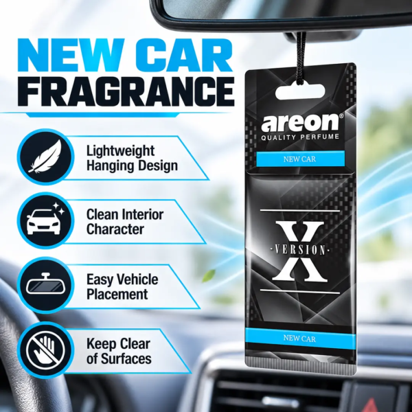 <h3>Areon X Version New Car Hanging Card Air Freshener</h3>
<p>Areon X Version New Car is a slim hanging card air freshener that gives the cabin a clean automotive-inspired fragrance. Its simple design installs quickly and does not require electricity, a vent clip or a storage tray.</p>
<h3>Technical Specifications</h3>
<table><thead><tr><th>Specification</th><th>Details</th></tr></thead><tbody>
<tr><td><strong>Brand</strong></td><td>Areon</td></tr>
<tr><td><strong>Range</strong></td><td>X Version</td></tr>
<tr><td><strong>Product Code</strong></td><td>CB3800034962803</td></tr>
<tr><td><strong>Fragrance</strong></td><td>New Car</td></tr>
<tr><td><strong>Format</strong></td><td>Hanging scented card</td></tr>
<tr><td><strong>Approx. Shipping Weight</strong></td><td>0.036kg</td></tr>
<tr><td><strong>Approx. Packed Size</strong></td><td>19.2 × 7.5 × 0.3cm</td></tr>
</tbody></table> <h3>Areon X Version New Car Hanging Card Air Freshener</h3>
<p>Areon X Version New Car is a slim hanging card air freshener that gives the cabin a clean automotive-inspired fragrance. Its simple design installs quickly and does not require electricity, a vent clip or a storage tray.</p>
<h3>Technical Specifications</h3>
<table><thead><tr><th>Specification</th><th>Details</th></tr></thead><tbody>
<tr><td><strong>Brand</strong></td><td>Areon</td></tr>
<tr><td><strong>Range</strong></td><td>X Version</td></tr>
<tr><td><strong>Product Code</strong></td><td>CB3800034962803</td></tr>
<tr><td><strong>Fragrance</strong></td><td>New Car</td></tr>
<tr><td><strong>Format</strong></td><td>Hanging scented card</td></tr>
<tr><td><strong>Approx. Shipping Weight</strong></td><td>0.036kg</td></tr>
<tr><td><strong>Approx. Packed Size</strong></td><td>19.2 × 7.5 × 0.3cm</td></tr>
</tbody></table>