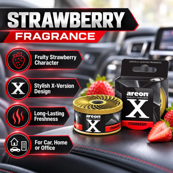 <h3>Areon Ken X Version Strawberry Air Freshener – 35g</h3>
<p>Areon Ken X Version Strawberry is a 35g solid car air freshener with a sweet, fruity strawberry fragrance. The adjustable lid makes it easy to regulate scent strength for different cabin sizes and preferences.</p>
<h3>Technical Specifications</h3>
<table><thead><tr><th>Specification</th><th>Details</th></tr></thead><tbody>
<tr><td><strong>Brand</strong></td><td>Areon</td></tr>
<tr><td><strong>Range</strong></td><td>Ken X Version</td></tr>
<tr><td><strong>Product Code</strong></td><td>AKXSTR3800034955225P</td></tr>
<tr><td><strong>Fragrance</strong></td><td>Strawberry</td></tr>
<tr><td><strong>Format</strong></td><td>Adjustable solid fragrance can</td></tr>
<tr><td><strong>Net Content</strong></td><td>35g</td></tr>
<tr><td><strong>Approx. Shipping Weight</strong></td><td>0.081kg</td></tr>
<tr><td><strong>Approx. Packed Size</strong></td><td>9.7 × 7 × 3.8cm</td></tr>
</tbody></table> <h3>Areon Ken X Version Strawberry Air Freshener – 35g</h3>
<p>Areon Ken X Version Strawberry is a 35g solid car air freshener with a sweet, fruity strawberry fragrance. The adjustable lid makes it easy to regulate scent strength for different cabin sizes and preferences.</p>
<h3>Technical Specifications</h3>
<table><thead><tr><th>Specification</th><th>Details</th></tr></thead><tbody>
<tr><td><strong>Brand</strong></td><td>Areon</td></tr>
<tr><td><strong>Range</strong></td><td>Ken X Version</td></tr>
<tr><td><strong>Product Code</strong></td><td>AKXSTR3800034955225P</td></tr>
<tr><td><strong>Fragrance</strong></td><td>Strawberry</td></tr>
<tr><td><strong>Format</strong></td><td>Adjustable solid fragrance can</td></tr>
<tr><td><strong>Net Content</strong></td><td>35g</td></tr>
<tr><td><strong>Approx. Shipping Weight</strong></td><td>0.081kg</td></tr>
<tr><td><strong>Approx. Packed Size</strong></td><td>9.7 × 7 × 3.8cm</td></tr>
</tbody></table>