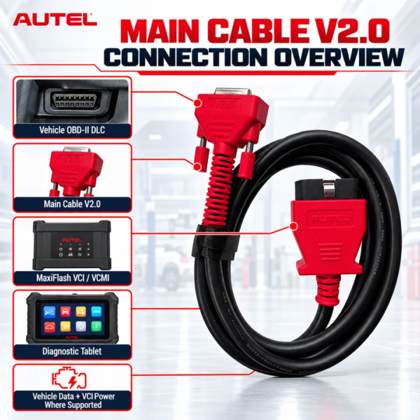 <h3>Autel Main Cable V2.0 for Supported MaxiFlash Interfaces</h3>
<p>The Autel Main Cable V2.0 connects a supported MaxiFlash VCI, VCMI or JVCI+ interface to an OBD-II/EOBD vehicle data link connector. It carries vehicle power and communication data between the vehicle interface and compatible Autel diagnostic platforms.</p>
<h3>Technical Specifications</h3>
<table><thead><tr><th>Specification</th><th>Details</th></tr></thead><tbody>
<tr><td><strong>Product</strong></td><td>Autel Main Cable V2.0</td></tr>
<tr><td><strong>Cable Length</strong></td><td>Approximately 1.5m</td></tr>
<tr><td><strong>Vehicle Side</strong></td><td>16-pin OBD-II/EOBD connector</td></tr>
<tr><td><strong>Interface Side</strong></td><td>Autel V2.0 locking connector</td></tr>
<tr><td><strong>Primary Role</strong></td><td>Power and vehicle-data connection for supported MaxiFlash interfaces</td></tr>
<tr><td><strong>Common Platforms</strong></td><td>MaxiSYS Ultra, MS919 and MS909 configurations using the specified MaxiFlash interface</td></tr>
</tbody></table>
<p><strong>Compatibility note:</strong> Autel manuals specify Main Cable V2.0 for particular MaxiFlash VCI, VCMI and JVCI+ interfaces. Do not substitute another Autel main cable. Confirm the interface model supplied with your Ultra, MS919, MS909 or related tablet before ordering.</p> <h3>Autel Main Cable V2.0 for Supported MaxiFlash Interfaces</h3>
<p>The Autel Main Cable V2.0 connects a supported MaxiFlash VCI, VCMI or JVCI+ interface to an OBD-II/EOBD vehicle data link connector. It carries vehicle power and communication data between the vehicle interface and compatible Autel diagnostic platforms.</p>
<h3>Technical Specifications</h3>
<table><thead><tr><th>Specification</th><th>Details</th></tr></thead><tbody>
<tr><td><strong>Product</strong></td><td>Autel Main Cable V2.0</td></tr>
<tr><td><strong>Cable Length</strong></td><td>Approximately 1.5m</td></tr>
<tr><td><strong>Vehicle Side</strong></td><td>16-pin OBD-II/EOBD connector</td></tr>
<tr><td><strong>Interface Side</strong></td><td>Autel V2.0 locking connector</td></tr>
<tr><td><strong>Primary Role</strong></td><td>Power and vehicle-data connection for supported MaxiFlash interfaces</td></tr>
<tr><td><strong>Common Platforms</strong></td><td>MaxiSYS Ultra, MS919 and MS909 configurations using the specified MaxiFlash interface</td></tr>
</tbody></table>
<p><strong>Compatibility note:</strong> Autel manuals specify Main Cable V2.0 for particular MaxiFlash VCI, VCMI and JVCI+ interfaces. Do not substitute another Autel main cable. Confirm the interface model supplied with your Ultra, MS919, MS909 or related tablet before ordering.</p>
