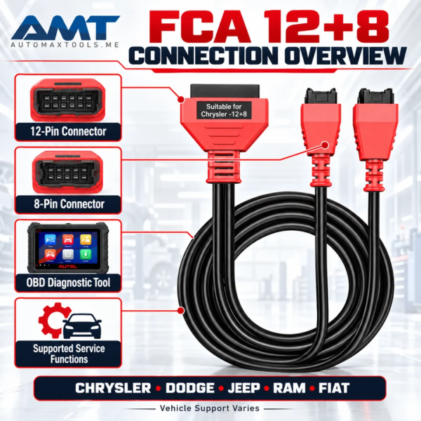 <h3>FCA 12+8 SGW Adapter Cable – Autel-Compatible</h3>
<p>This Autel-compatible FCA 12+8 SGW adapter cable provides a direct diagnostic connection at the 12-pin and 8-pin Security Gateway harness connectors on supported FCA vehicles. It is intended for professional diagnostic work on compatible Chrysler, Dodge, Jeep, Ram, Fiat and related applications.</p>
<h3>Technical Specifications</h3>
<table><thead><tr><th>Specification</th><th>Details</th></tr></thead><tbody>
<tr><td><strong>Product Type</strong></td><td>FCA 12+8 SGW diagnostic adapter cable</td></tr>
<tr><td><strong>Tool Side</strong></td><td>16-pin OBD-II diagnostic connector</td></tr>
<tr><td><strong>Vehicle Side</strong></td><td>12-pin plus 8-pin FCA SGW connectors</td></tr>
<tr><td><strong>Application</strong></td><td>Supported FCA vehicles equipped with the 12+8 SGW connection</td></tr>
<tr><td><strong>Compatibility</strong></td><td>Works with compatible Autel diagnostic tools; not represented as an Autel-manufactured cable</td></tr>
</tbody></table>
<p><strong>Compatibility note:</strong> Commonly used on selected 2018-and-newer FCA applications, but gateway design and location vary. Verify by VIN, connector type and the current Autel vehicle coverage before ordering. This is an AMT-supplied Autel-compatible accessory, not an Autel-branded product.</p> <h3>FCA 12+8 SGW Adapter Cable – Autel-Compatible</h3>
<p>This Autel-compatible FCA 12+8 SGW adapter cable provides a direct diagnostic connection at the 12-pin and 8-pin Security Gateway harness connectors on supported FCA vehicles. It is intended for professional diagnostic work on compatible Chrysler, Dodge, Jeep, Ram, Fiat and related applications.</p>
<h3>Technical Specifications</h3>
<table><thead><tr><th>Specification</th><th>Details</th></tr></thead><tbody>
<tr><td><strong>Product Type</strong></td><td>FCA 12+8 SGW diagnostic adapter cable</td></tr>
<tr><td><strong>Tool Side</strong></td><td>16-pin OBD-II diagnostic connector</td></tr>
<tr><td><strong>Vehicle Side</strong></td><td>12-pin plus 8-pin FCA SGW connectors</td></tr>
<tr><td><strong>Application</strong></td><td>Supported FCA vehicles equipped with the 12+8 SGW connection</td></tr>
<tr><td><strong>Compatibility</strong></td><td>Works with compatible Autel diagnostic tools; not represented as an Autel-manufactured cable</td></tr>
</tbody></table>
<p><strong>Compatibility note:</strong> Commonly used on selected 2018-and-newer FCA applications, but gateway design and location vary. Verify by VIN, connector type and the current Autel vehicle coverage before ordering. This is an AMT-supplied Autel-compatible accessory, not an Autel-branded product.</p>