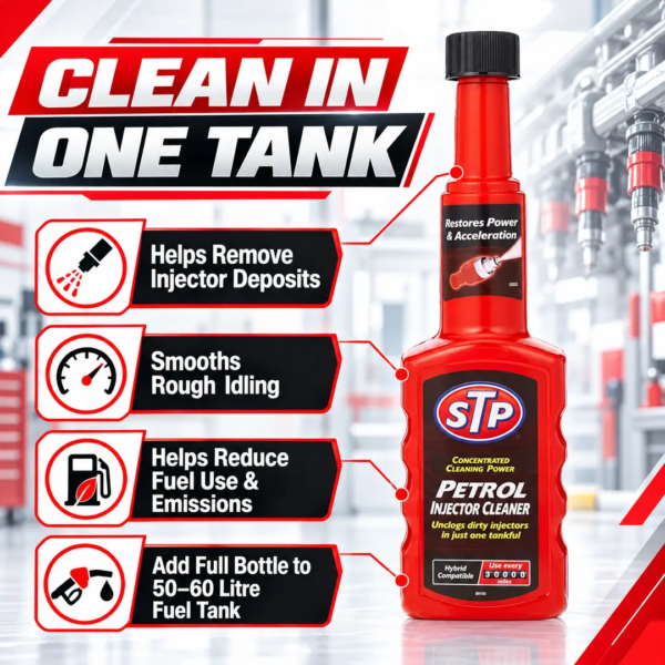 <h3>STP Petrol Injector Cleaner – 200ml</h3>
<p>STP Petrol Injector Cleaner is a 200ml pour-in fuel treatment formulated to help clean deposits from petrol injectors and support smooth engine performance. One bottle is intended for a petrol fuel tank of approximately 50–60 litres, subject to the supplied label.</p>
<h3>Technical Specifications</h3>
<table><thead><tr><th>Specification</th><th>Details</th></tr></thead><tbody>
<tr><td><strong>Brand</strong></td><td>STP</td></tr>
<tr><td><strong>Product</strong></td><td>Petrol Injector Cleaner</td></tr>
<tr><td><strong>SKU / EAN</strong></td><td>5020144800538</td></tr>
<tr><td><strong>Contents</strong></td><td>200ml</td></tr>
<tr><td><strong>Fuel Type</strong></td><td>Petrol / gasoline only</td></tr>
<tr><td><strong>Typical Treatment</strong></td><td>One bottle for approximately 50–60 litres of fuel</td></tr>
<tr><td><strong>Suggested Interval</strong></td><td>About every 3,000 miles / 4,800km, subject to label and vehicle requirements</td></tr>
<tr><td><strong>Shipping Weight</strong></td><td>0.20kg</td></tr>
<tr><td><strong>Product Size</strong></td><td>6 × 4.3 × 21.7cm</td></tr>
</tbody></table>
<p><strong>Important:</strong> This version is for petrol engines. Do not use it as a diesel-fuel additive, oil additive or substitute for diagnosis of a mechanical or electrical fault.</p> <h3>STP Petrol Injector Cleaner – 200ml</h3>
<p>STP Petrol Injector Cleaner is a 200ml pour-in fuel treatment formulated to help clean deposits from petrol injectors and support smooth engine performance. One bottle is intended for a petrol fuel tank of approximately 50–60 litres, subject to the supplied label.</p>
<h3>Technical Specifications</h3>
<table><thead><tr><th>Specification</th><th>Details</th></tr></thead><tbody>
<tr><td><strong>Brand</strong></td><td>STP</td></tr>
<tr><td><strong>Product</strong></td><td>Petrol Injector Cleaner</td></tr>
<tr><td><strong>SKU / EAN</strong></td><td>5020144800538</td></tr>
<tr><td><strong>Contents</strong></td><td>200ml</td></tr>
<tr><td><strong>Fuel Type</strong></td><td>Petrol / gasoline only</td></tr>
<tr><td><strong>Typical Treatment</strong></td><td>One bottle for approximately 50–60 litres of fuel</td></tr>
<tr><td><strong>Suggested Interval</strong></td><td>About every 3,000 miles / 4,800km, subject to label and vehicle requirements</td></tr>
<tr><td><strong>Shipping Weight</strong></td><td>0.20kg</td></tr>
<tr><td><strong>Product Size</strong></td><td>6 × 4.3 × 21.7cm</td></tr>
</tbody></table>
<p><strong>Important:</strong> This version is for petrol engines. Do not use it as a diesel-fuel additive, oil additive or substitute for diagnosis of a mechanical or electrical fault.</p>
