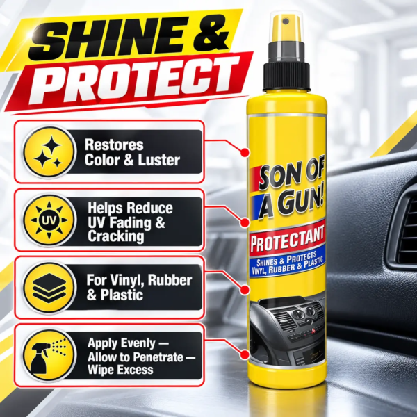 <h3>STP Son of a Gun Protectant – 10 oz / 296ml</h3>
<p>STP Son of a Gun Protectant is a 10 fl oz / 296ml treatment for compatible vinyl, rubber and plastic surfaces. Its polymer-silicone formula restores lustre, adds a deep glossy finish and helps reduce the effects of ultraviolet exposure that can contribute to fading and cracking.</p>
<h3>Technical Specifications</h3>
<table><thead><tr><th>Specification</th><th>Details</th></tr></thead><tbody>
<tr><td><strong>Brand</strong></td><td>STP</td></tr>
<tr><td><strong>Product</strong></td><td>Son of a Gun Protectant</td></tr>
<tr><td><strong>SKU</strong></td><td>71153652545</td></tr>
<tr><td><strong>Contents</strong></td><td>10 fl oz / 296ml</td></tr>
<tr><td><strong>Suitable Surfaces</strong></td><td>Compatible vinyl, rubber and plastic</td></tr>
<tr><td><strong>Finish</strong></td><td>Deep glossy shine; buff with a damp cloth for lower gloss</td></tr>
<tr><td><strong>Approx. Shipping Weight</strong></td><td>0.30kg</td></tr>
<tr><td><strong>Product Dimensions</strong></td><td>4.8 × 5 × 23.8cm</td></tr>
</tbody></table>
<p><strong>Important:</strong> Do not use on floors, pedals, steering wheels, grips, seats, cycle tyres, brake components, glass, clear plastic, fabric, paint or any surface where slipperiness could be hazardous.</p> <h3>STP Son of a Gun Protectant – 10 oz / 296ml</h3>
<p>STP Son of a Gun Protectant is a 10 fl oz / 296ml treatment for compatible vinyl, rubber and plastic surfaces. Its polymer-silicone formula restores lustre, adds a deep glossy finish and helps reduce the effects of ultraviolet exposure that can contribute to fading and cracking.</p>
<h3>Technical Specifications</h3>
<table><thead><tr><th>Specification</th><th>Details</th></tr></thead><tbody>
<tr><td><strong>Brand</strong></td><td>STP</td></tr>
<tr><td><strong>Product</strong></td><td>Son of a Gun Protectant</td></tr>
<tr><td><strong>SKU</strong></td><td>71153652545</td></tr>
<tr><td><strong>Contents</strong></td><td>10 fl oz / 296ml</td></tr>
<tr><td><strong>Suitable Surfaces</strong></td><td>Compatible vinyl, rubber and plastic</td></tr>
<tr><td><strong>Finish</strong></td><td>Deep glossy shine; buff with a damp cloth for lower gloss</td></tr>
<tr><td><strong>Approx. Shipping Weight</strong></td><td>0.30kg</td></tr>
<tr><td><strong>Product Dimensions</strong></td><td>4.8 × 5 × 23.8cm</td></tr>
</tbody></table>
<p><strong>Important:</strong> Do not use on floors, pedals, steering wheels, grips, seats, cycle tyres, brake components, glass, clear plastic, fabric, paint or any surface where slipperiness could be hazardous.</p>