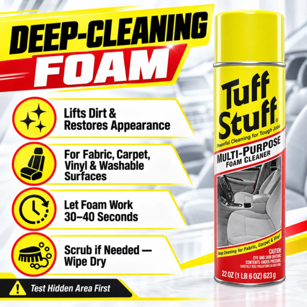 <h3>Tuff Stuff Multi-Purpose Foam Cleaner – 22 oz</h3>
<p>Tuff Stuff Multi-Purpose Foam Cleaner is a 22 oz aerosol cleaner with deep foaming action that lifts dirt and helps restore the appearance of compatible washable surfaces. It can be used on vehicle upholstery, vinyl, floor mats, carpets and selected hard surfaces when the label permits.</p>
<h3>Technical Specifications</h3>
<table><thead><tr><th>Specification</th><th>Details</th></tr></thead><tbody>
<tr><td><strong>Brand</strong></td><td>Tuff Stuff / STP</td></tr>
<tr><td><strong>Product</strong></td><td>Multi-Purpose Foam Cleaner</td></tr>
<tr><td><strong>SKU</strong></td><td>071153785601</td></tr>
<tr><td><strong>Contents</strong></td><td>22 oz aerosol</td></tr>
<tr><td><strong>Cleaner Type</strong></td><td>Deep-action foaming cleaner</td></tr>
<tr><td><strong>Typical Surfaces</strong></td><td>Compatible fabric upholstery, vinyl, floor mats, carpets, chrome and washable hard surfaces</td></tr>
<tr><td><strong>Product Weight</strong></td><td>Approximately 0.626kg</td></tr>
<tr><td><strong>Approx. Can Size</strong></td><td>7.1 × 7.1 × 25.4cm</td></tr>
</tbody></table>
<p><strong>Important:</strong> Always test an inconspicuous area first. Material and dye compatibility vary, and the product should be used only on surfaces approved by the can label.</p> <h3>Tuff Stuff Multi-Purpose Foam Cleaner – 22 oz</h3>
<p>Tuff Stuff Multi-Purpose Foam Cleaner is a 22 oz aerosol cleaner with deep foaming action that lifts dirt and helps restore the appearance of compatible washable surfaces. It can be used on vehicle upholstery, vinyl, floor mats, carpets and selected hard surfaces when the label permits.</p>
<h3>Technical Specifications</h3>
<table><thead><tr><th>Specification</th><th>Details</th></tr></thead><tbody>
<tr><td><strong>Brand</strong></td><td>Tuff Stuff / STP</td></tr>
<tr><td><strong>Product</strong></td><td>Multi-Purpose Foam Cleaner</td></tr>
<tr><td><strong>SKU</strong></td><td>071153785601</td></tr>
<tr><td><strong>Contents</strong></td><td>22 oz aerosol</td></tr>
<tr><td><strong>Cleaner Type</strong></td><td>Deep-action foaming cleaner</td></tr>
<tr><td><strong>Typical Surfaces</strong></td><td>Compatible fabric upholstery, vinyl, floor mats, carpets, chrome and washable hard surfaces</td></tr>
<tr><td><strong>Product Weight</strong></td><td>Approximately 0.626kg</td></tr>
<tr><td><strong>Approx. Can Size</strong></td><td>7.1 × 7.1 × 25.4cm</td></tr>
</tbody></table>
<p><strong>Important:</strong> Always test an inconspicuous area first. Material and dye compatibility vary, and the product should be used only on surfaces approved by the can label.</p>