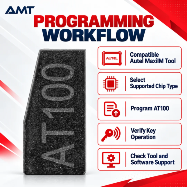 <h3>Autel MaxiIM AT100 Universal Programmable Transponder Super Chip</h3>
<p>The Autel MaxiIM AT100 is a universal programmable transponder super chip for professional automotive locksmith and immobilizer work. It is designed to replace multiple common transponder types and is programmed through a compatible Autel MaxiIM setup.</p>
<h3>Technical Specifications</h3>
<table><thead><tr><th>Specification</th><th>Details</th></tr></thead><tbody>
<tr><td><strong>Model</strong></td><td>MaxiIM AT100</td></tr>
<tr><td><strong>Product Type</strong></td><td>Universal programmable automotive transponder chip</td></tr>
<tr><td><strong>Supported Chip Families</strong></td><td>ID11, ID12, ID13, ID46, ID47, ID48, ID49, ID4A, ID4C, ID5C, ID4D, ID64, ID8A, ID8C and supported MQB workflows</td></tr>
<tr><td><strong>Compatible Autel Platforms</strong></td><td>KM100/KM100X, IM508/IM508S and IM608-series configurations</td></tr>
<tr><td><strong>Programmer Requirement</strong></td><td>XP200 or XP400/XP400 Pro may be required depending on the operation</td></tr>
<tr><td><strong>Supply</strong></td><td>One AT100 chip unless a multi-piece pack is expressly selected</td></tr>
</tbody></table>
<p><strong>Compatibility note:</strong> Function availability depends on the vehicle, original transponder, Autel tablet, programmer, software version and regional coverage. Check the current Autel function menu before starting the job.</p> <h3>Autel MaxiIM AT100 Universal Programmable Transponder Super Chip</h3>
<p>The Autel MaxiIM AT100 is a universal programmable transponder super chip for professional automotive locksmith and immobilizer work. It is designed to replace multiple common transponder types and is programmed through a compatible Autel MaxiIM setup.</p>
<h3>Technical Specifications</h3>
<table><thead><tr><th>Specification</th><th>Details</th></tr></thead><tbody>
<tr><td><strong>Model</strong></td><td>MaxiIM AT100</td></tr>
<tr><td><strong>Product Type</strong></td><td>Universal programmable automotive transponder chip</td></tr>
<tr><td><strong>Supported Chip Families</strong></td><td>ID11, ID12, ID13, ID46, ID47, ID48, ID49, ID4A, ID4C, ID5C, ID4D, ID64, ID8A, ID8C and supported MQB workflows</td></tr>
<tr><td><strong>Compatible Autel Platforms</strong></td><td>KM100/KM100X, IM508/IM508S and IM608-series configurations</td></tr>
<tr><td><strong>Programmer Requirement</strong></td><td>XP200 or XP400/XP400 Pro may be required depending on the operation</td></tr>
<tr><td><strong>Supply</strong></td><td>One AT100 chip unless a multi-piece pack is expressly selected</td></tr>
</tbody></table>
<p><strong>Compatibility note:</strong> Function availability depends on the vehicle, original transponder, Autel tablet, programmer, software version and regional coverage. Check the current Autel function menu before starting the job.</p>