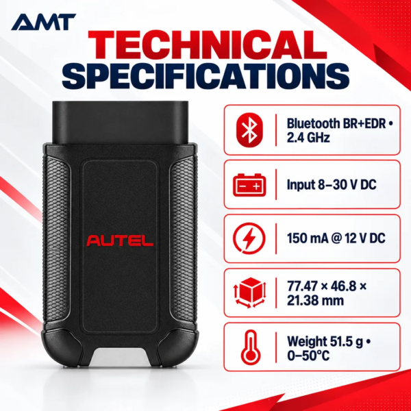 <h3>Autel MaxiVCI V150 Wireless Diagnostic Interface</h3>
<p>The Autel MaxiVCI V150 is a compact 16-pin vehicle communication interface that links a supported Autel diagnostic tablet to the vehicle data link connector. It receives power from the vehicle DLC and communicates with the paired tablet over Bluetooth.</p>
<h3>Technical Specifications</h3>
<table><thead><tr><th>Specification</th><th>Details</th></tr></thead><tbody>
<tr><td><strong>Model</strong></td><td>MaxiVCI V150</td></tr>
<tr><td><strong>Vehicle Connector</strong></td><td>Direct 16-pin OBD-II/DLC connector</td></tr>
<tr><td><strong>Communication</strong></td><td>Bluetooth BR + EDR, 2.4GHz</td></tr>
<tr><td><strong>Input Voltage</strong></td><td>8–30V DC</td></tr>
<tr><td><strong>Supply Current</strong></td><td>150mA at 12V DC</td></tr>
<tr><td><strong>Operating Temperature</strong></td><td>0–50°C</td></tr>
<tr><td><strong>Storage Temperature</strong></td><td>−10–60°C</td></tr>
<tr><td><strong>Device Dimensions</strong></td><td>77.47 × 46.8 × 21.38mm</td></tr>
<tr><td><strong>Device Weight</strong></td><td>51.5g</td></tr>
</tbody></table>
<p><strong>Compatibility note:</strong> Use only with Autel tablets and software packages that specifically support the MaxiVCI V150. It is not a universal replacement for every Autel VCI, VCMI or J2534 interface.</p> <h3>Autel MaxiVCI V150 Wireless Diagnostic Interface</h3>
<p>The Autel MaxiVCI V150 is a compact 16-pin vehicle communication interface that links a supported Autel diagnostic tablet to the vehicle data link connector. It receives power from the vehicle DLC and communicates with the paired tablet over Bluetooth.</p>
<h3>Technical Specifications</h3>
<table><thead><tr><th>Specification</th><th>Details</th></tr></thead><tbody>
<tr><td><strong>Model</strong></td><td>MaxiVCI V150</td></tr>
<tr><td><strong>Vehicle Connector</strong></td><td>Direct 16-pin OBD-II/DLC connector</td></tr>
<tr><td><strong>Communication</strong></td><td>Bluetooth BR + EDR, 2.4GHz</td></tr>
<tr><td><strong>Input Voltage</strong></td><td>8–30V DC</td></tr>
<tr><td><strong>Supply Current</strong></td><td>150mA at 12V DC</td></tr>
<tr><td><strong>Operating Temperature</strong></td><td>0–50°C</td></tr>
<tr><td><strong>Storage Temperature</strong></td><td>−10–60°C</td></tr>
<tr><td><strong>Device Dimensions</strong></td><td>77.47 × 46.8 × 21.38mm</td></tr>
<tr><td><strong>Device Weight</strong></td><td>51.5g</td></tr>
</tbody></table>
<p><strong>Compatibility note:</strong> Use only with Autel tablets and software packages that specifically support the MaxiVCI V150. It is not a universal replacement for every Autel VCI, VCMI or J2534 interface.</p>