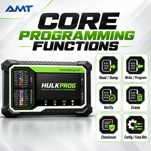 <p><strong>HULKPROG High-Speed ECU & Module Programmer</strong> is a professional universal MCU and memory programmer for automotive electronics, ECU repair, module cloning and bench-level chip work. It reads, writes, verifies, erases and backs up EEPROM, Flash, serial memory and microcontroller data through ZIF, ISP/ICSP and UART workflows.</p>
<p>Designed for technicians who need more control than a fixed device list, HULKPROG supports user-defined modules and wiring information. The genuine hardware works with the HULKPROG Windows application, receives automatic software updates and has no annual subscription fee.</p>
<h3>Technical Specifications</h3>
<table>
<tbody>
<tr><th>Specification</th><th>Details</th></tr>
<tr><td>Product Type</td><td>Universal MCU, EEPROM and memory programmer</td></tr>
<tr><td>Main Functions</td><td>Read, write, clone, verify, erase, blank check and checksum</td></tr>
<tr><td>Programming Interfaces</td><td>Universal ZIF socket, ISP / ICSP header and UART</td></tr>
<tr><td>PC Connection</td><td>USB connection with Windows software</td></tr>
<tr><td>Supported Work</td><td>ECU, TCU, BCM, KVM, immobilizer, cluster and electronic module bench work</td></tr>
<tr><td>Indicators</td><td>POWER, BUSY, UART and ISP status LEDs</td></tr>
<tr><td>Adapters</td><td>Ready for optional SOIC, TSOP, QFP and BGA socket adapters</td></tr>
<tr><td>Updates</td><td>Automatic software updates; no annual fee</td></tr>
<tr><td>Shipping Weight</td><td>1 kg</td></tr>
<tr><td>Approx. Packed Size</td><td>32 × 25 × 10 cm</td></tr>
</tbody>
</table> <p><strong>HULKPROG High-Speed ECU & Module Programmer</strong> is a professional universal MCU and memory programmer for automotive electronics, ECU repair, module cloning and bench-level chip work. It reads, writes, verifies, erases and backs up EEPROM, Flash, serial memory and microcontroller data through ZIF, ISP/ICSP and UART workflows.</p>
<p>Designed for technicians who need more control than a fixed device list, HULKPROG supports user-defined modules and wiring information. The genuine hardware works with the HULKPROG Windows application, receives automatic software updates and has no annual subscription fee.</p>
<h3>Technical Specifications</h3>
<table>
<tbody>
<tr><th>Specification</th><th>Details</th></tr>
<tr><td>Product Type</td><td>Universal MCU, EEPROM and memory programmer</td></tr>
<tr><td>Main Functions</td><td>Read, write, clone, verify, erase, blank check and checksum</td></tr>
<tr><td>Programming Interfaces</td><td>Universal ZIF socket, ISP / ICSP header and UART</td></tr>
<tr><td>PC Connection</td><td>USB connection with Windows software</td></tr>
<tr><td>Supported Work</td><td>ECU, TCU, BCM, KVM, immobilizer, cluster and electronic module bench work</td></tr>
<tr><td>Indicators</td><td>POWER, BUSY, UART and ISP status LEDs</td></tr>
<tr><td>Adapters</td><td>Ready for optional SOIC, TSOP, QFP and BGA socket adapters</td></tr>
<tr><td>Updates</td><td>Automatic software updates; no annual fee</td></tr>
<tr><td>Shipping Weight</td><td>1 kg</td></tr>
<tr><td>Approx. Packed Size</td><td>32 × 25 × 10 cm</td></tr>
</tbody>
</table>