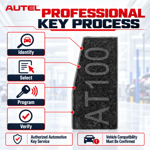 <h3>Autel MaxiIM AT100 Universal Programmable Transponder Super Chip</h3>
<p>The Autel MaxiIM AT100 is a universal programmable transponder super chip for professional automotive locksmith and immobilizer work. It is designed to replace multiple common transponder types and is programmed through a compatible Autel MaxiIM setup.</p>
<h3>Technical Specifications</h3>
<table><thead><tr><th>Specification</th><th>Details</th></tr></thead><tbody>
<tr><td><strong>Model</strong></td><td>MaxiIM AT100</td></tr>
<tr><td><strong>Product Type</strong></td><td>Universal programmable automotive transponder chip</td></tr>
<tr><td><strong>Supported Chip Families</strong></td><td>ID11, ID12, ID13, ID46, ID47, ID48, ID49, ID4A, ID4C, ID5C, ID4D, ID64, ID8A, ID8C and supported MQB workflows</td></tr>
<tr><td><strong>Compatible Autel Platforms</strong></td><td>KM100/KM100X, IM508/IM508S and IM608-series configurations</td></tr>
<tr><td><strong>Programmer Requirement</strong></td><td>XP200 or XP400/XP400 Pro may be required depending on the operation</td></tr>
<tr><td><strong>Supply</strong></td><td>One AT100 chip unless a multi-piece pack is expressly selected</td></tr>
</tbody></table>
<p><strong>Compatibility note:</strong> Function availability depends on the vehicle, original transponder, Autel tablet, programmer, software version and regional coverage. Check the current Autel function menu before starting the job.</p> <h3>Autel MaxiIM AT100 Universal Programmable Transponder Super Chip</h3>
<p>The Autel MaxiIM AT100 is a universal programmable transponder super chip for professional automotive locksmith and immobilizer work. It is designed to replace multiple common transponder types and is programmed through a compatible Autel MaxiIM setup.</p>
<h3>Technical Specifications</h3>
<table><thead><tr><th>Specification</th><th>Details</th></tr></thead><tbody>
<tr><td><strong>Model</strong></td><td>MaxiIM AT100</td></tr>
<tr><td><strong>Product Type</strong></td><td>Universal programmable automotive transponder chip</td></tr>
<tr><td><strong>Supported Chip Families</strong></td><td>ID11, ID12, ID13, ID46, ID47, ID48, ID49, ID4A, ID4C, ID5C, ID4D, ID64, ID8A, ID8C and supported MQB workflows</td></tr>
<tr><td><strong>Compatible Autel Platforms</strong></td><td>KM100/KM100X, IM508/IM508S and IM608-series configurations</td></tr>
<tr><td><strong>Programmer Requirement</strong></td><td>XP200 or XP400/XP400 Pro may be required depending on the operation</td></tr>
<tr><td><strong>Supply</strong></td><td>One AT100 chip unless a multi-piece pack is expressly selected</td></tr>
</tbody></table>
<p><strong>Compatibility note:</strong> Function availability depends on the vehicle, original transponder, Autel tablet, programmer, software version and regional coverage. Check the current Autel function menu before starting the job.</p>
