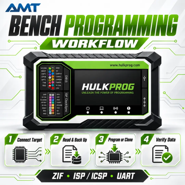 <p><strong>HULKPROG High-Speed ECU & Module Programmer</strong> is a professional universal MCU and memory programmer for automotive electronics, ECU repair, module cloning and bench-level chip work. It reads, writes, verifies, erases and backs up EEPROM, Flash, serial memory and microcontroller data through ZIF, ISP/ICSP and UART workflows.</p>
<p>Designed for technicians who need more control than a fixed device list, HULKPROG supports user-defined modules and wiring information. The genuine hardware works with the HULKPROG Windows application, receives automatic software updates and has no annual subscription fee.</p>
<h3>Technical Specifications</h3>
<table>
<tbody>
<tr><th>Specification</th><th>Details</th></tr>
<tr><td>Product Type</td><td>Universal MCU, EEPROM and memory programmer</td></tr>
<tr><td>Main Functions</td><td>Read, write, clone, verify, erase, blank check and checksum</td></tr>
<tr><td>Programming Interfaces</td><td>Universal ZIF socket, ISP / ICSP header and UART</td></tr>
<tr><td>PC Connection</td><td>USB connection with Windows software</td></tr>
<tr><td>Supported Work</td><td>ECU, TCU, BCM, KVM, immobilizer, cluster and electronic module bench work</td></tr>
<tr><td>Indicators</td><td>POWER, BUSY, UART and ISP status LEDs</td></tr>
<tr><td>Adapters</td><td>Ready for optional SOIC, TSOP, QFP and BGA socket adapters</td></tr>
<tr><td>Updates</td><td>Automatic software updates; no annual fee</td></tr>
<tr><td>Shipping Weight</td><td>1 kg</td></tr>
<tr><td>Approx. Packed Size</td><td>32 × 25 × 10 cm</td></tr>
</tbody>
</table> <p><strong>HULKPROG High-Speed ECU & Module Programmer</strong> is a professional universal MCU and memory programmer for automotive electronics, ECU repair, module cloning and bench-level chip work. It reads, writes, verifies, erases and backs up EEPROM, Flash, serial memory and microcontroller data through ZIF, ISP/ICSP and UART workflows.</p>
<p>Designed for technicians who need more control than a fixed device list, HULKPROG supports user-defined modules and wiring information. The genuine hardware works with the HULKPROG Windows application, receives automatic software updates and has no annual subscription fee.</p>
<h3>Technical Specifications</h3>
<table>
<tbody>
<tr><th>Specification</th><th>Details</th></tr>
<tr><td>Product Type</td><td>Universal MCU, EEPROM and memory programmer</td></tr>
<tr><td>Main Functions</td><td>Read, write, clone, verify, erase, blank check and checksum</td></tr>
<tr><td>Programming Interfaces</td><td>Universal ZIF socket, ISP / ICSP header and UART</td></tr>
<tr><td>PC Connection</td><td>USB connection with Windows software</td></tr>
<tr><td>Supported Work</td><td>ECU, TCU, BCM, KVM, immobilizer, cluster and electronic module bench work</td></tr>
<tr><td>Indicators</td><td>POWER, BUSY, UART and ISP status LEDs</td></tr>
<tr><td>Adapters</td><td>Ready for optional SOIC, TSOP, QFP and BGA socket adapters</td></tr>
<tr><td>Updates</td><td>Automatic software updates; no annual fee</td></tr>
<tr><td>Shipping Weight</td><td>1 kg</td></tr>
<tr><td>Approx. Packed Size</td><td>32 × 25 × 10 cm</td></tr>
</tbody>
</table>