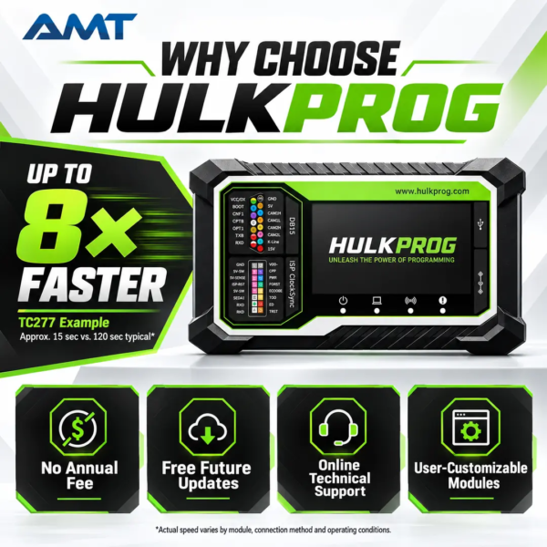 <p><strong>HULKPROG High-Speed ECU & Module Programmer</strong> is a professional universal MCU and memory programmer for automotive electronics, ECU repair, module cloning and bench-level chip work. It reads, writes, verifies, erases and backs up EEPROM, Flash, serial memory and microcontroller data through ZIF, ISP/ICSP and UART workflows.</p>
<p>Designed for technicians who need more control than a fixed device list, HULKPROG supports user-defined modules and wiring information. The genuine hardware works with the HULKPROG Windows application, receives automatic software updates and has no annual subscription fee.</p>
<h3>Technical Specifications</h3>
<table>
<tbody>
<tr><th>Specification</th><th>Details</th></tr>
<tr><td>Product Type</td><td>Universal MCU, EEPROM and memory programmer</td></tr>
<tr><td>Main Functions</td><td>Read, write, clone, verify, erase, blank check and checksum</td></tr>
<tr><td>Programming Interfaces</td><td>Universal ZIF socket, ISP / ICSP header and UART</td></tr>
<tr><td>PC Connection</td><td>USB connection with Windows software</td></tr>
<tr><td>Supported Work</td><td>ECU, TCU, BCM, KVM, immobilizer, cluster and electronic module bench work</td></tr>
<tr><td>Indicators</td><td>POWER, BUSY, UART and ISP status LEDs</td></tr>
<tr><td>Adapters</td><td>Ready for optional SOIC, TSOP, QFP and BGA socket adapters</td></tr>
<tr><td>Updates</td><td>Automatic software updates; no annual fee</td></tr>
<tr><td>Shipping Weight</td><td>1 kg</td></tr>
<tr><td>Approx. Packed Size</td><td>32 × 25 × 10 cm</td></tr>
</tbody>
</table> <p><strong>HULKPROG High-Speed ECU & Module Programmer</strong> is a professional universal MCU and memory programmer for automotive electronics, ECU repair, module cloning and bench-level chip work. It reads, writes, verifies, erases and backs up EEPROM, Flash, serial memory and microcontroller data through ZIF, ISP/ICSP and UART workflows.</p>
<p>Designed for technicians who need more control than a fixed device list, HULKPROG supports user-defined modules and wiring information. The genuine hardware works with the HULKPROG Windows application, receives automatic software updates and has no annual subscription fee.</p>
<h3>Technical Specifications</h3>
<table>
<tbody>
<tr><th>Specification</th><th>Details</th></tr>
<tr><td>Product Type</td><td>Universal MCU, EEPROM and memory programmer</td></tr>
<tr><td>Main Functions</td><td>Read, write, clone, verify, erase, blank check and checksum</td></tr>
<tr><td>Programming Interfaces</td><td>Universal ZIF socket, ISP / ICSP header and UART</td></tr>
<tr><td>PC Connection</td><td>USB connection with Windows software</td></tr>
<tr><td>Supported Work</td><td>ECU, TCU, BCM, KVM, immobilizer, cluster and electronic module bench work</td></tr>
<tr><td>Indicators</td><td>POWER, BUSY, UART and ISP status LEDs</td></tr>
<tr><td>Adapters</td><td>Ready for optional SOIC, TSOP, QFP and BGA socket adapters</td></tr>
<tr><td>Updates</td><td>Automatic software updates; no annual fee</td></tr>
<tr><td>Shipping Weight</td><td>1 kg</td></tr>
<tr><td>Approx. Packed Size</td><td>32 × 25 × 10 cm</td></tr>
</tbody>
</table>